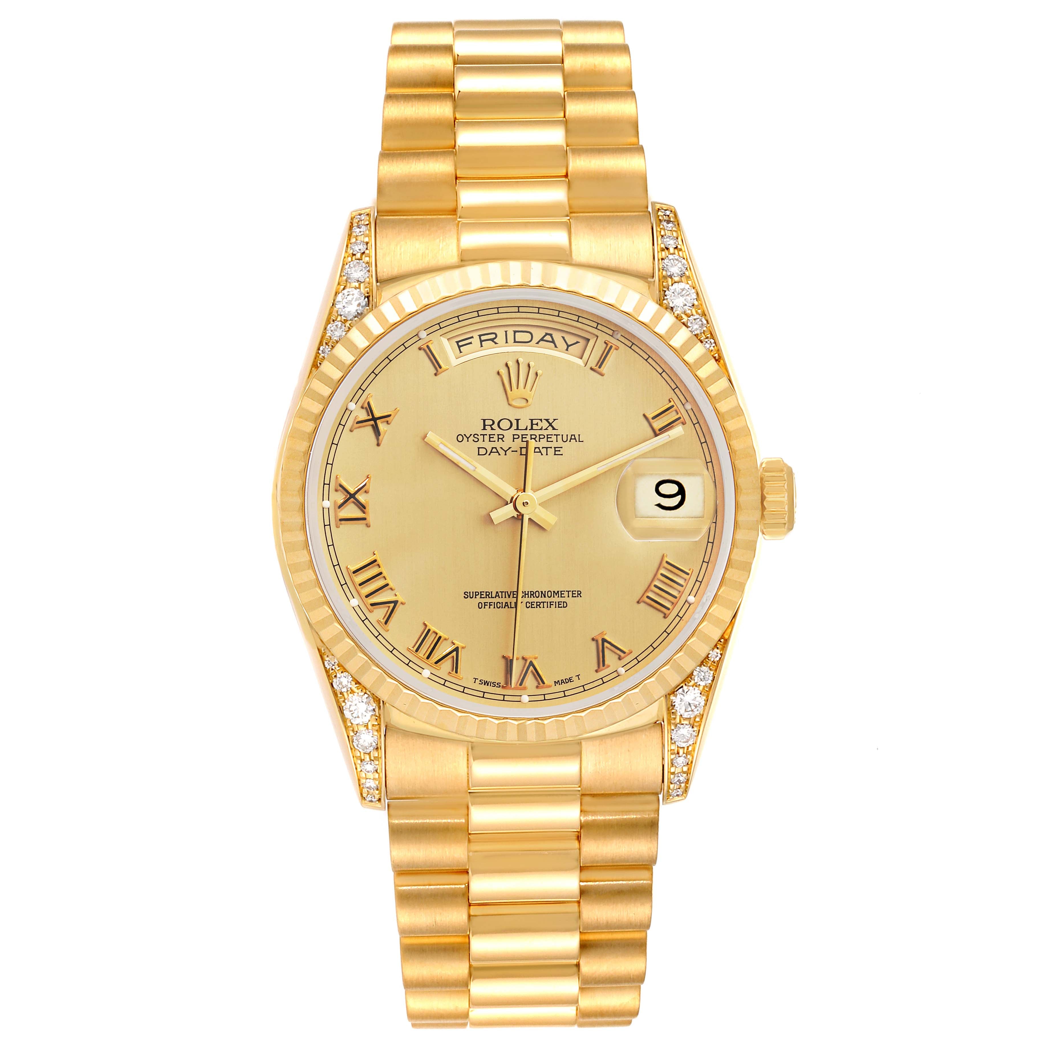 Rolex President Day Date Yellow Gold Diamond Lugs Mens Watch 18338 Papers