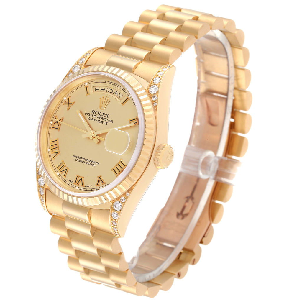Rolex President Day Date Yellow Gold Diamond Lugs Mens Watch 18338 Papers