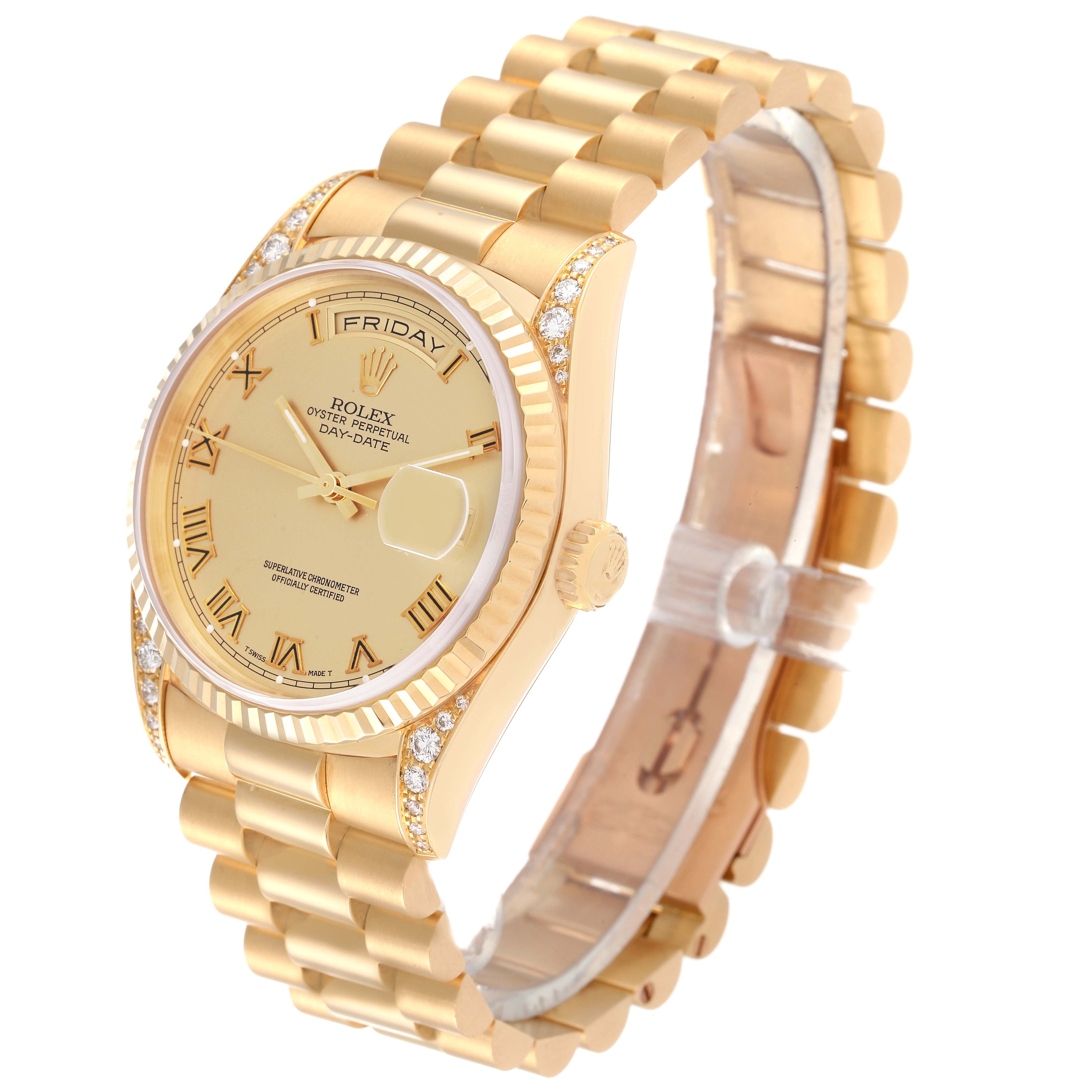 Rolex President Day Date Yellow Gold Diamond Lugs Mens Watch 18338 Papers
