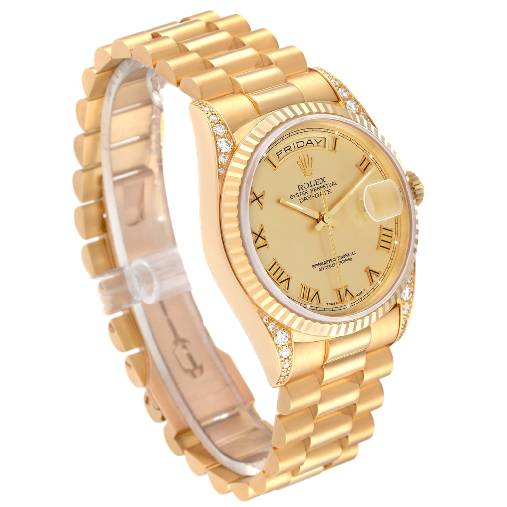 Rolex President Day Date Yellow Gold Diamond Lugs Mens Watch 18338 Papers