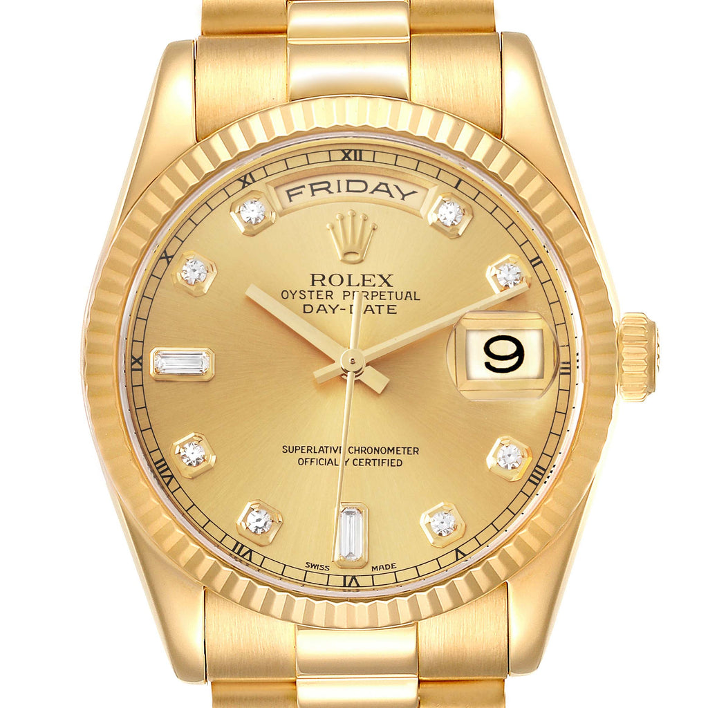 Rolex President Day Date Yellow Gold Diamond Mens Watch 118238