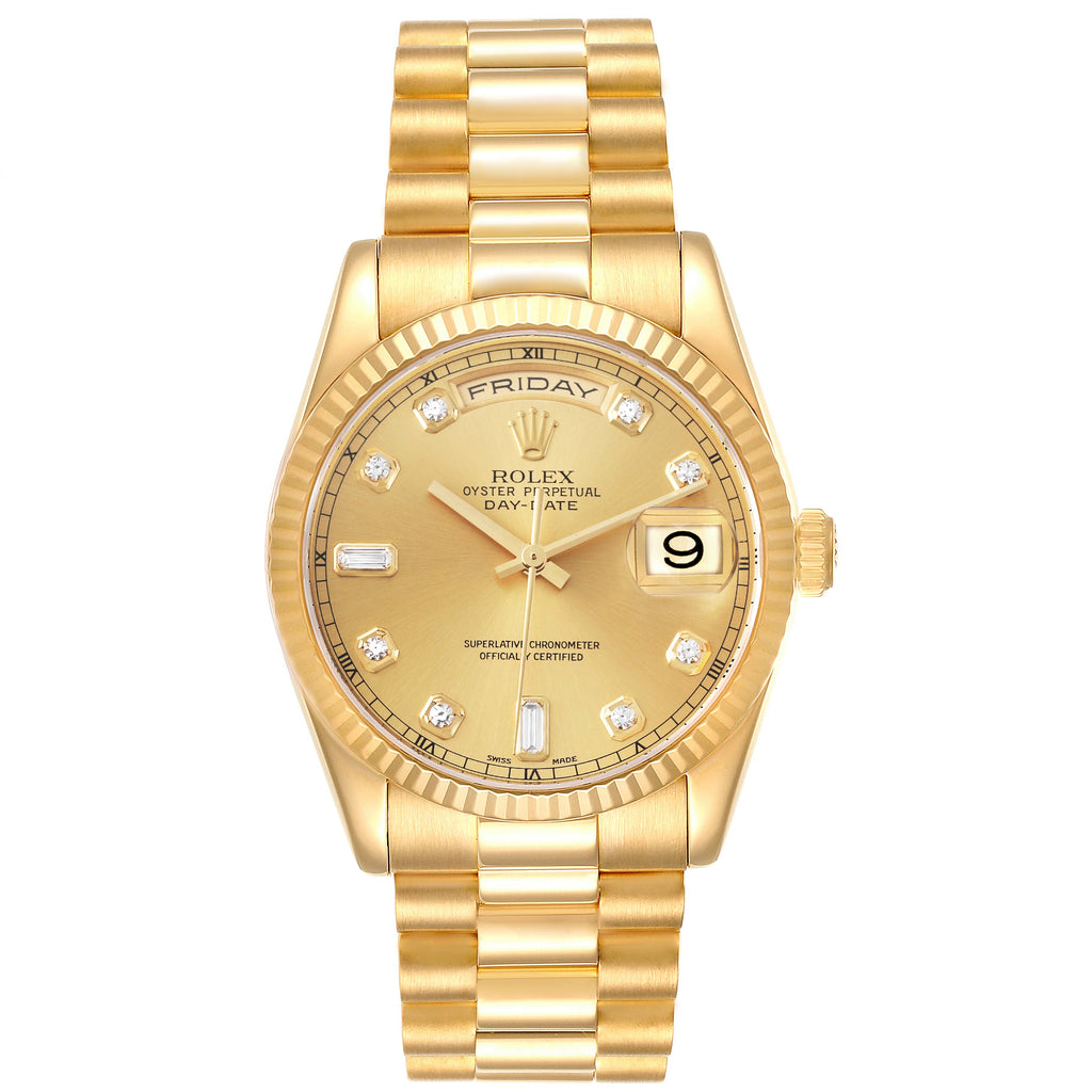 Rolex President Day Date Yellow Gold Diamond Mens Watch 118238