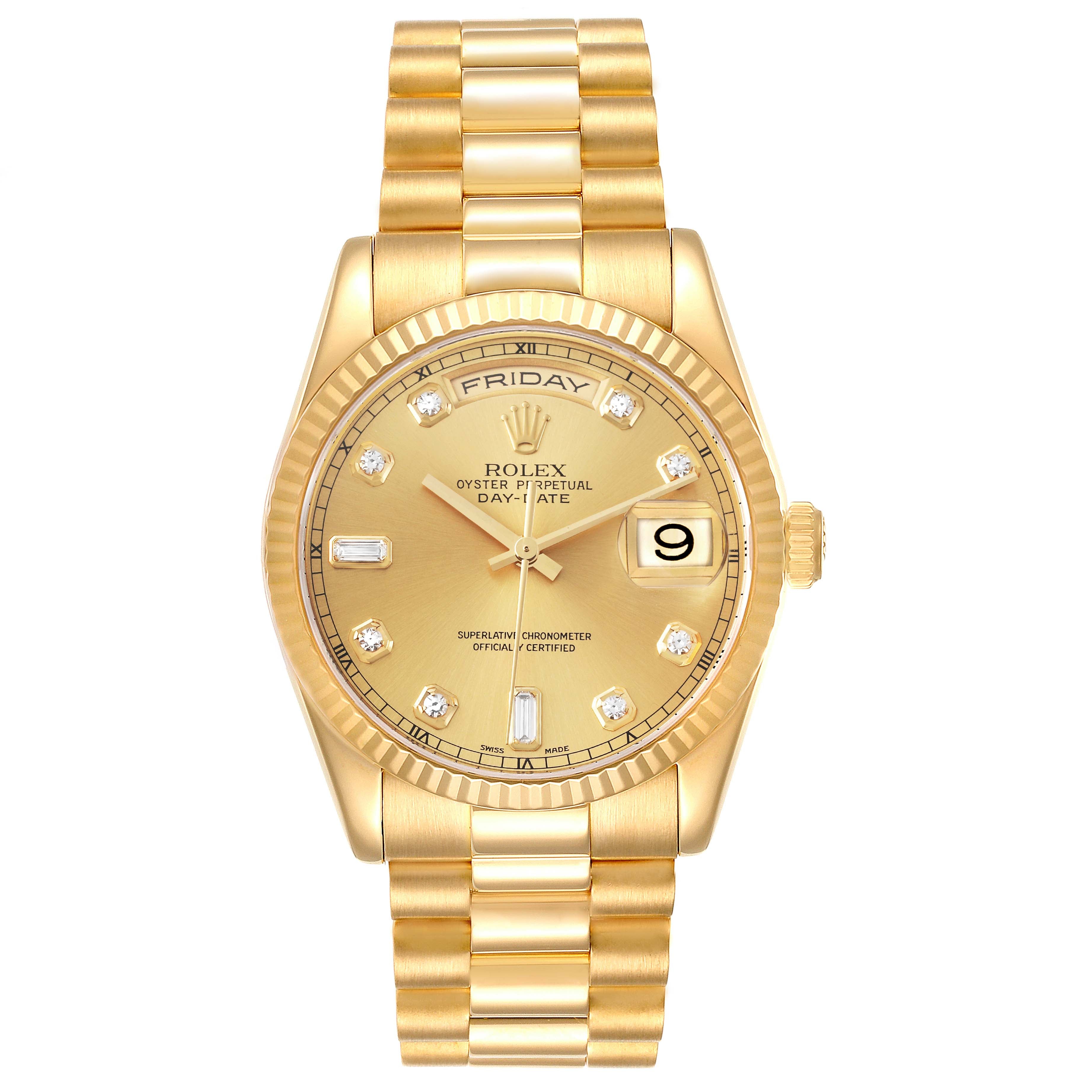Rolex President Day Date Yellow Gold Diamond Mens Watch 118238