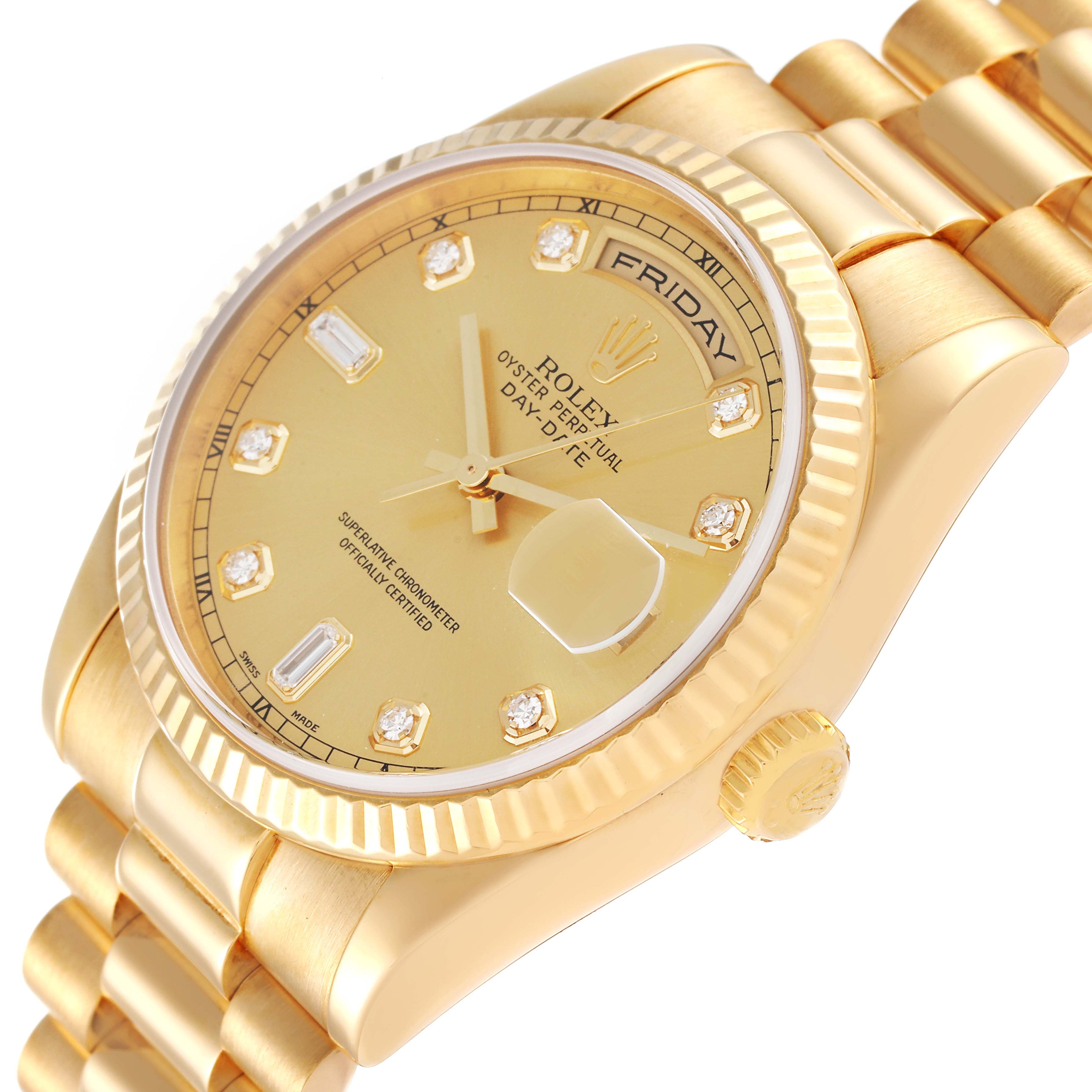 Rolex President Day Date Yellow Gold Diamond Mens Watch 118238