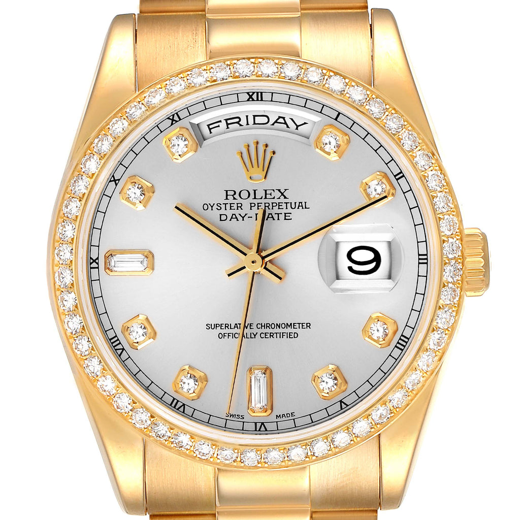 Rolex President Day Date Yellow Gold Diamond Mens Watch 118348 Box Papers