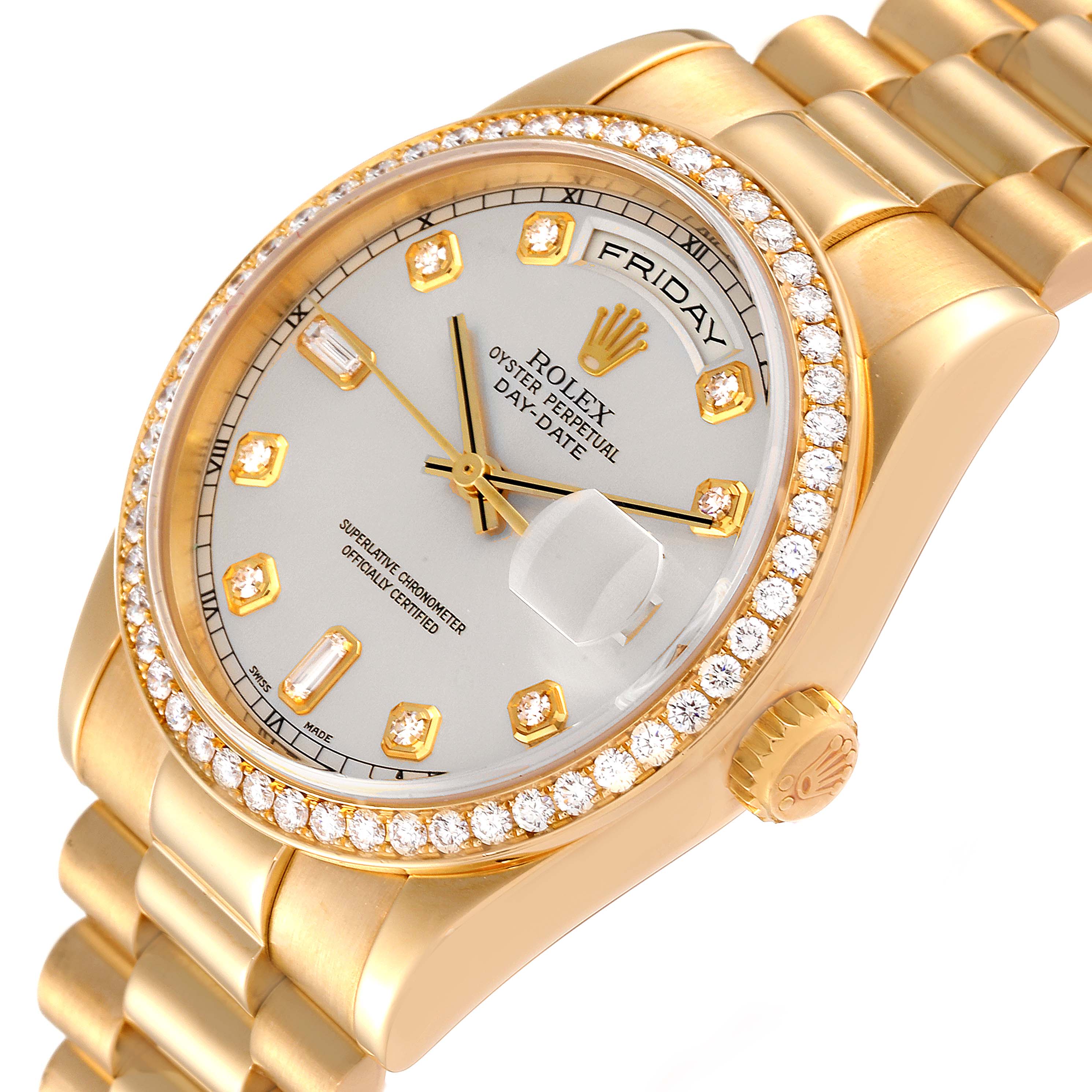 Rolex President Day Date Yellow Gold Diamond Mens Watch 118348 Box Papers