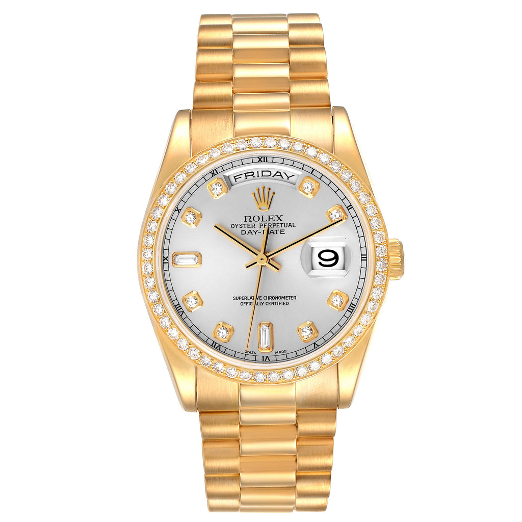 Rolex President Day Date Yellow Gold Diamond Mens Watch 118348 Box Papers