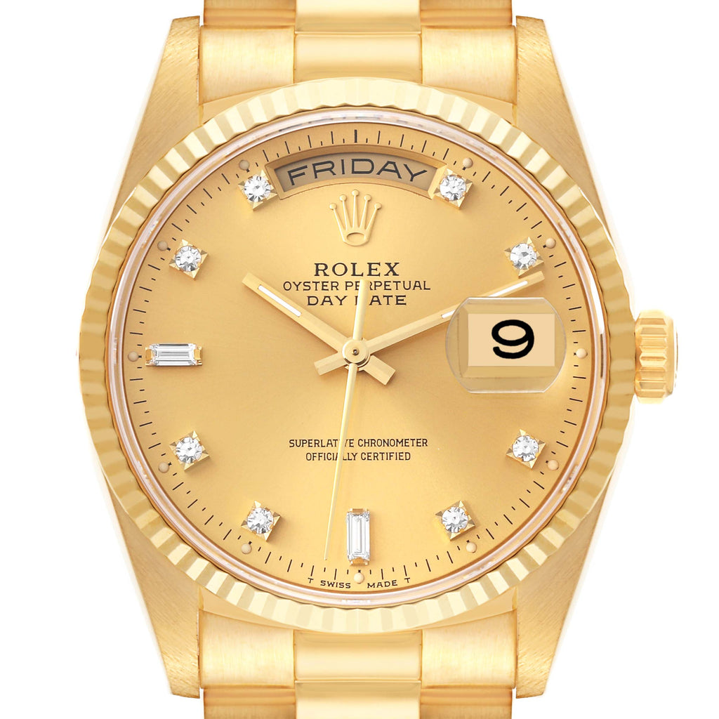 Rolex President Day-Date Yellow Gold Diamond Mens Watch 18238 Box Papers