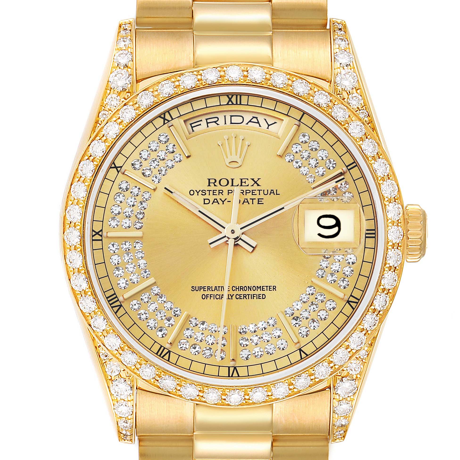 Rolex President Day-Date Yellow Gold Diamond Mens Watch 18388 + ADD ONE LINK (INSTALLED) - NO RETURN