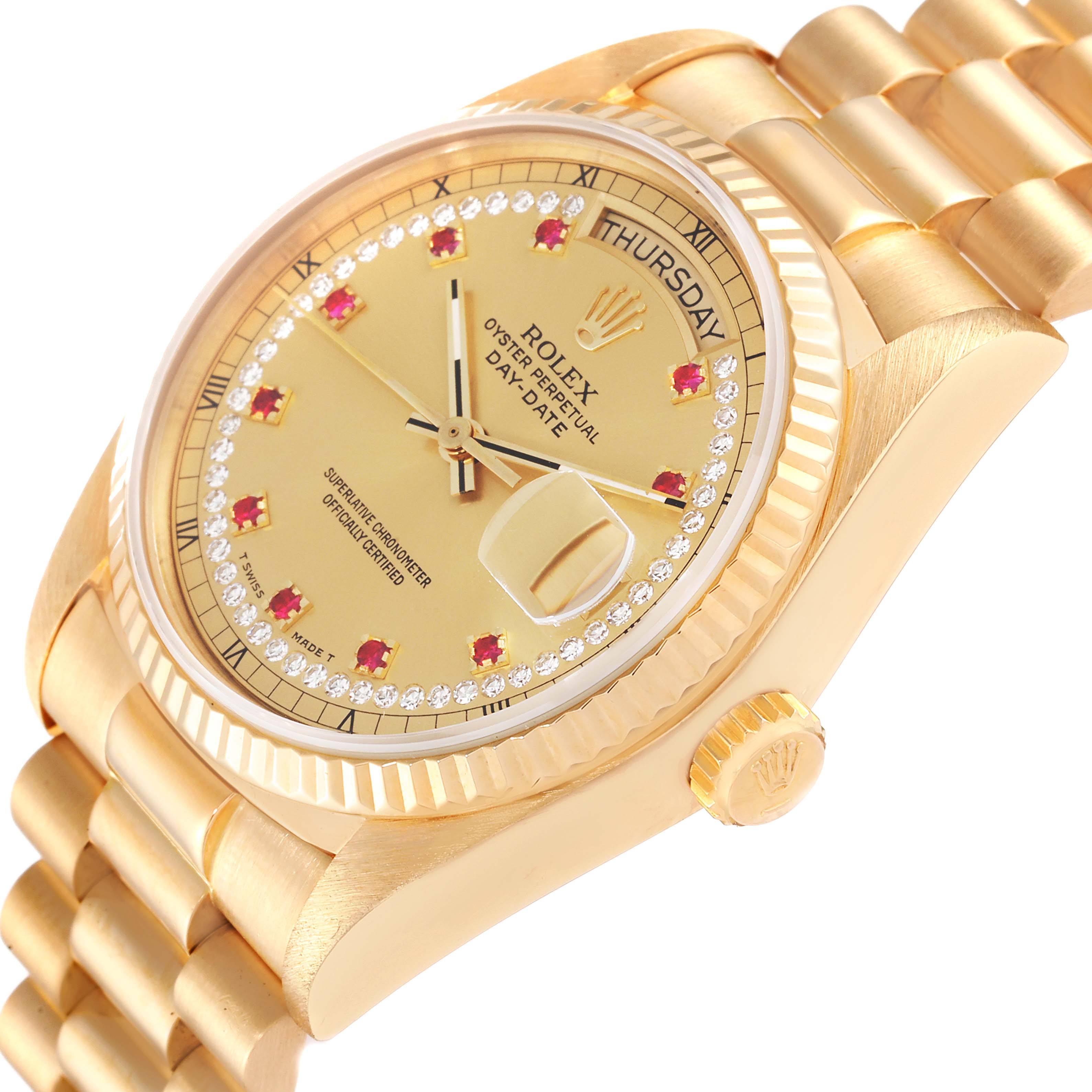 Rolex President Day-Date Yellow Gold Diamond Ruby Dial Watch 18038 Box Papers