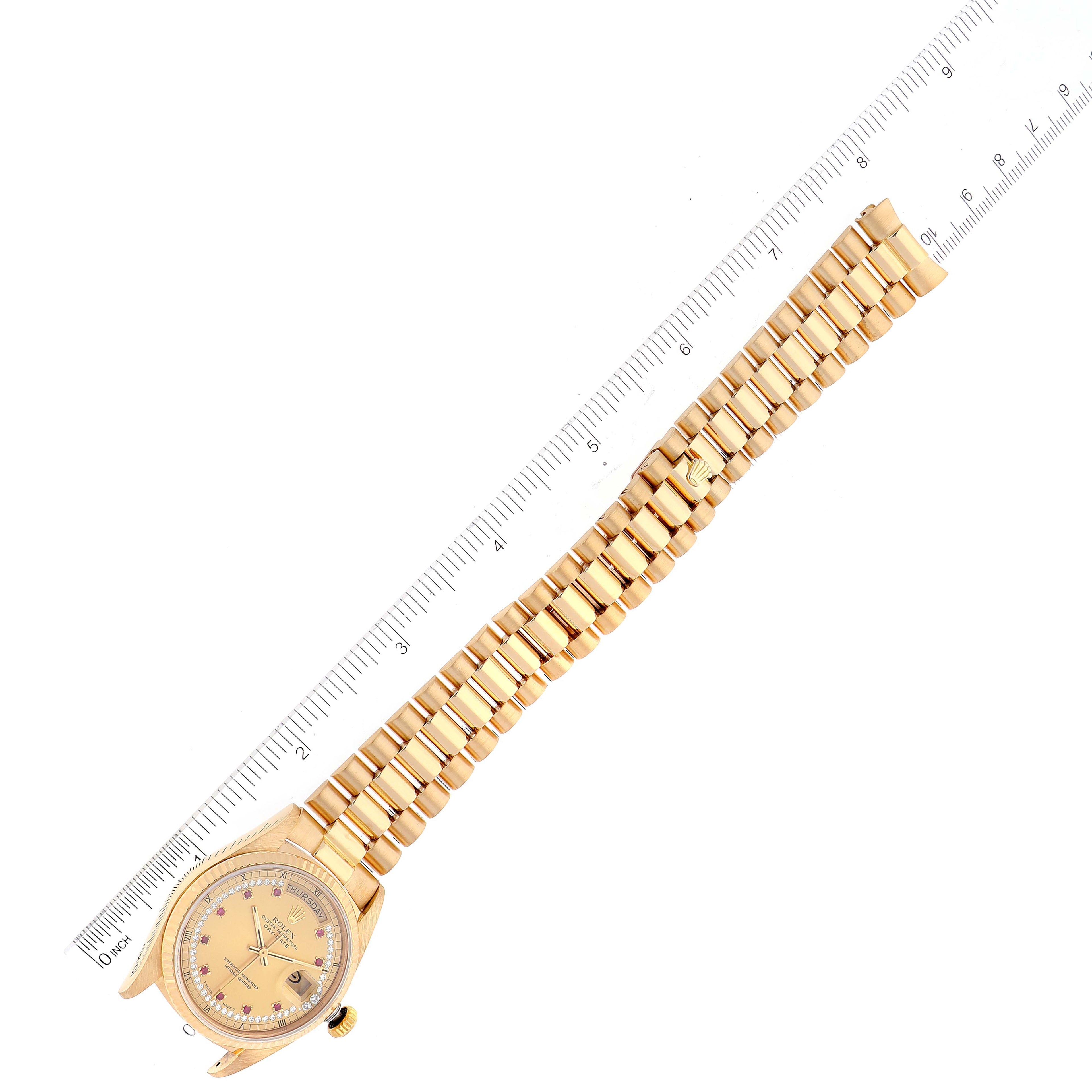 Rolex President Day-Date Yellow Gold Diamond Ruby Dial Watch 18038 Box Papers