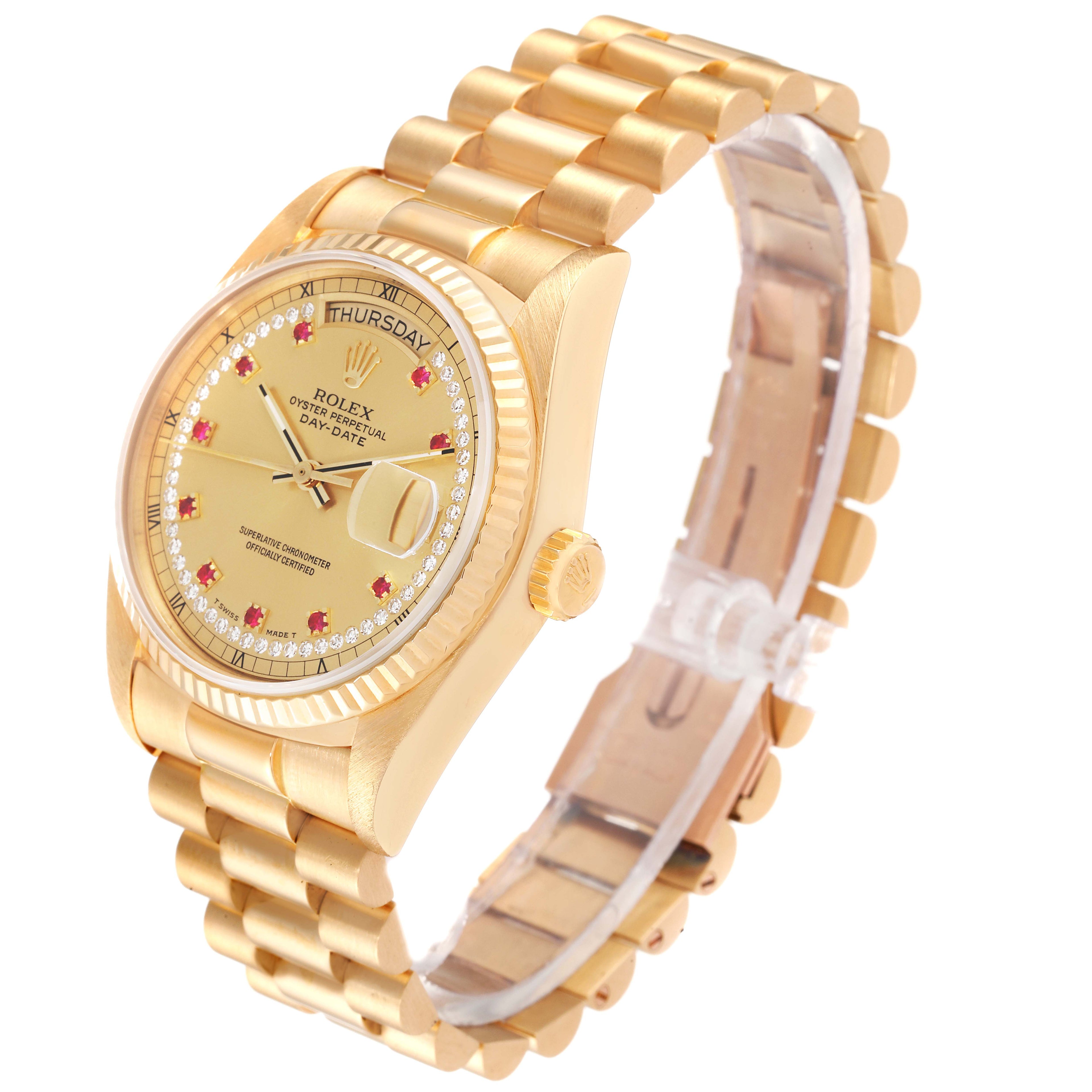 Rolex President Day-Date Yellow Gold Diamond Ruby Dial Watch 18038 Box Papers
