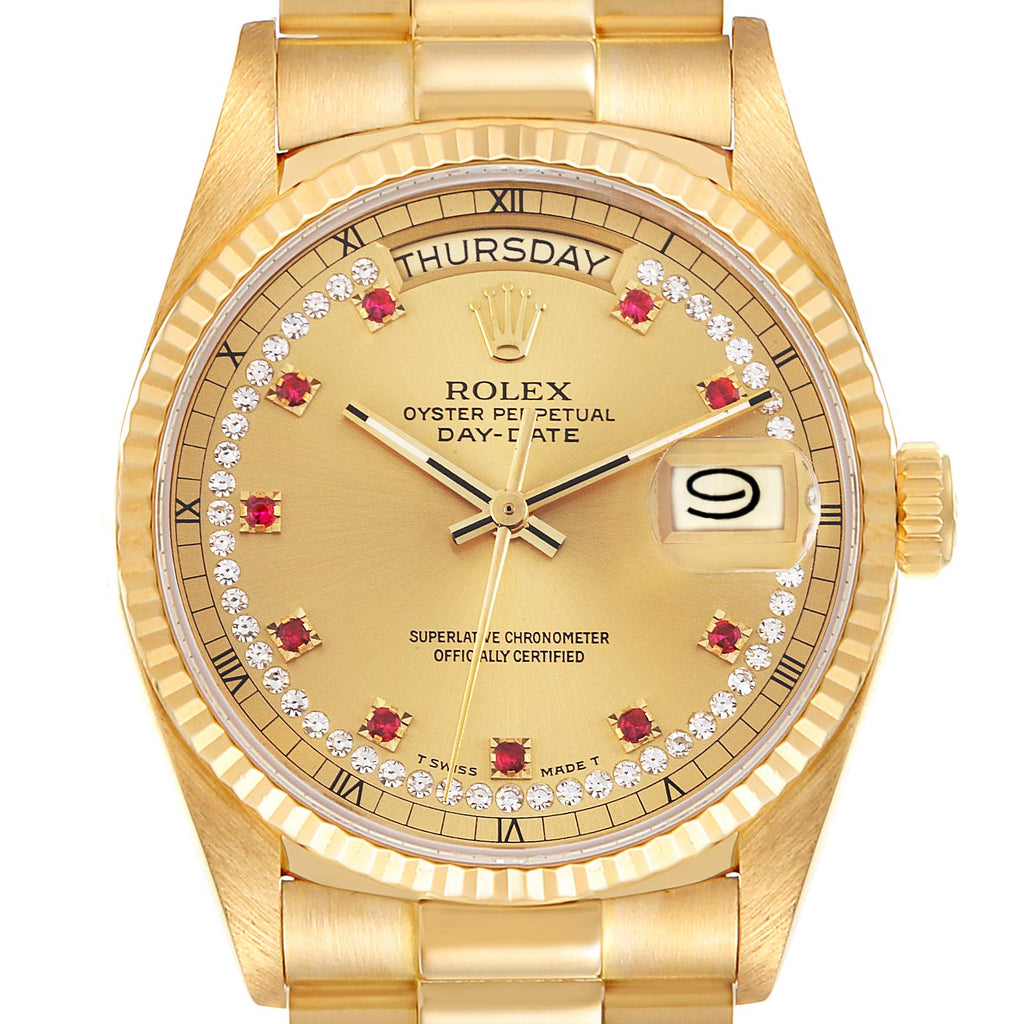 Rolex President Day-Date Yellow Gold Diamond Ruby Dial Watch 18038 Box Papers