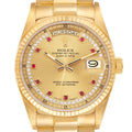 Rolex President Day-Date Yellow Gold Diamond Ruby Dial Watch 18038 Box Papers