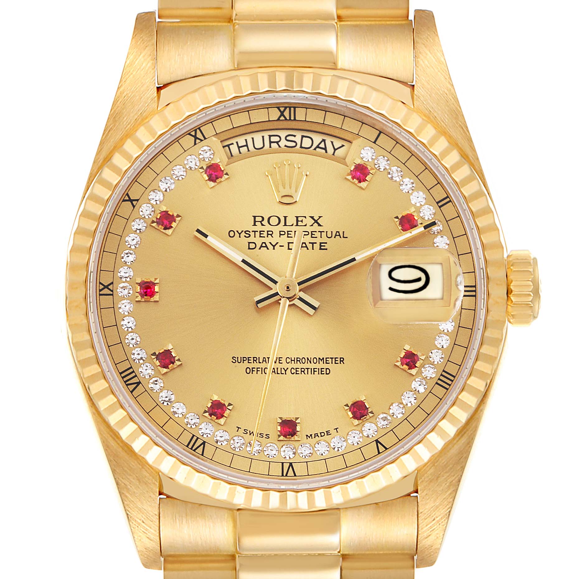 Rolex President Day-Date Yellow Gold Diamond Ruby Dial Watch 18038 Box Papers