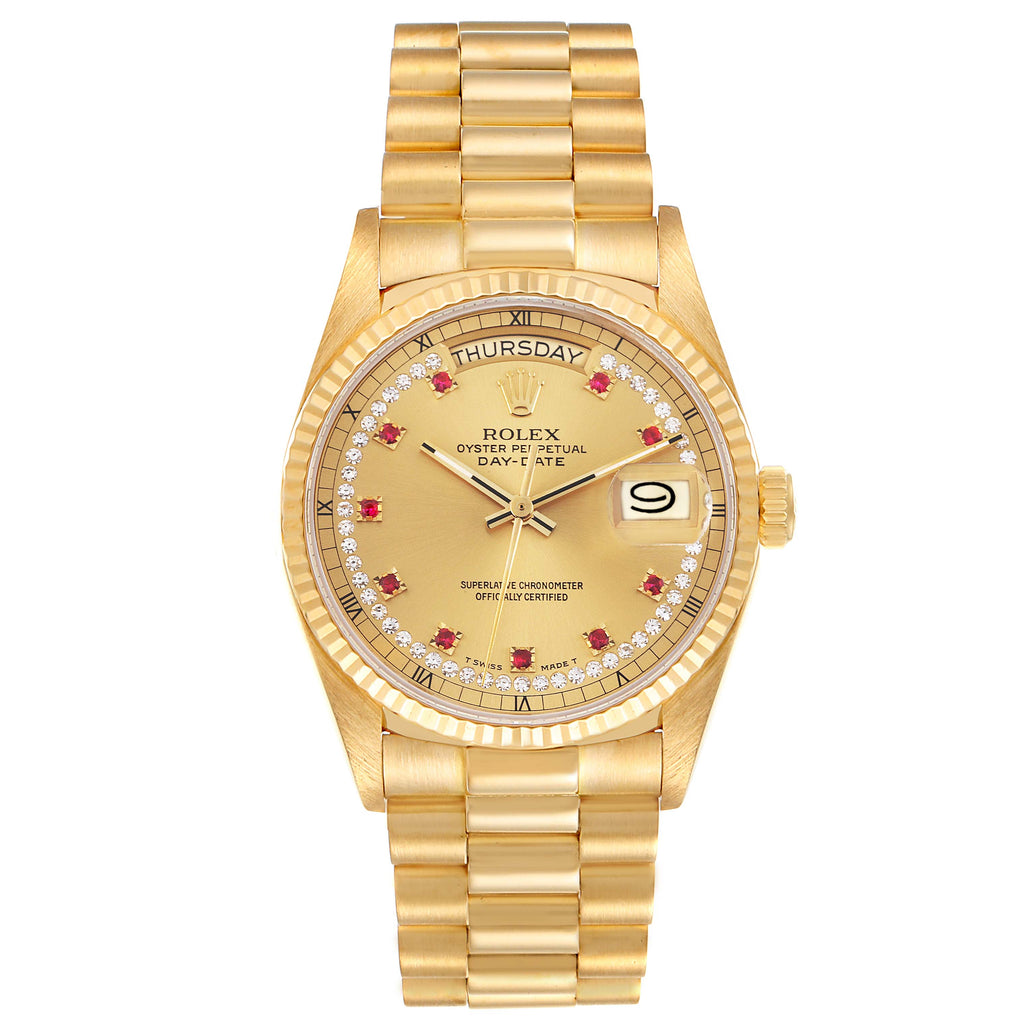 Rolex President Day-Date Yellow Gold Diamond Ruby Dial Watch 18038 Box Papers