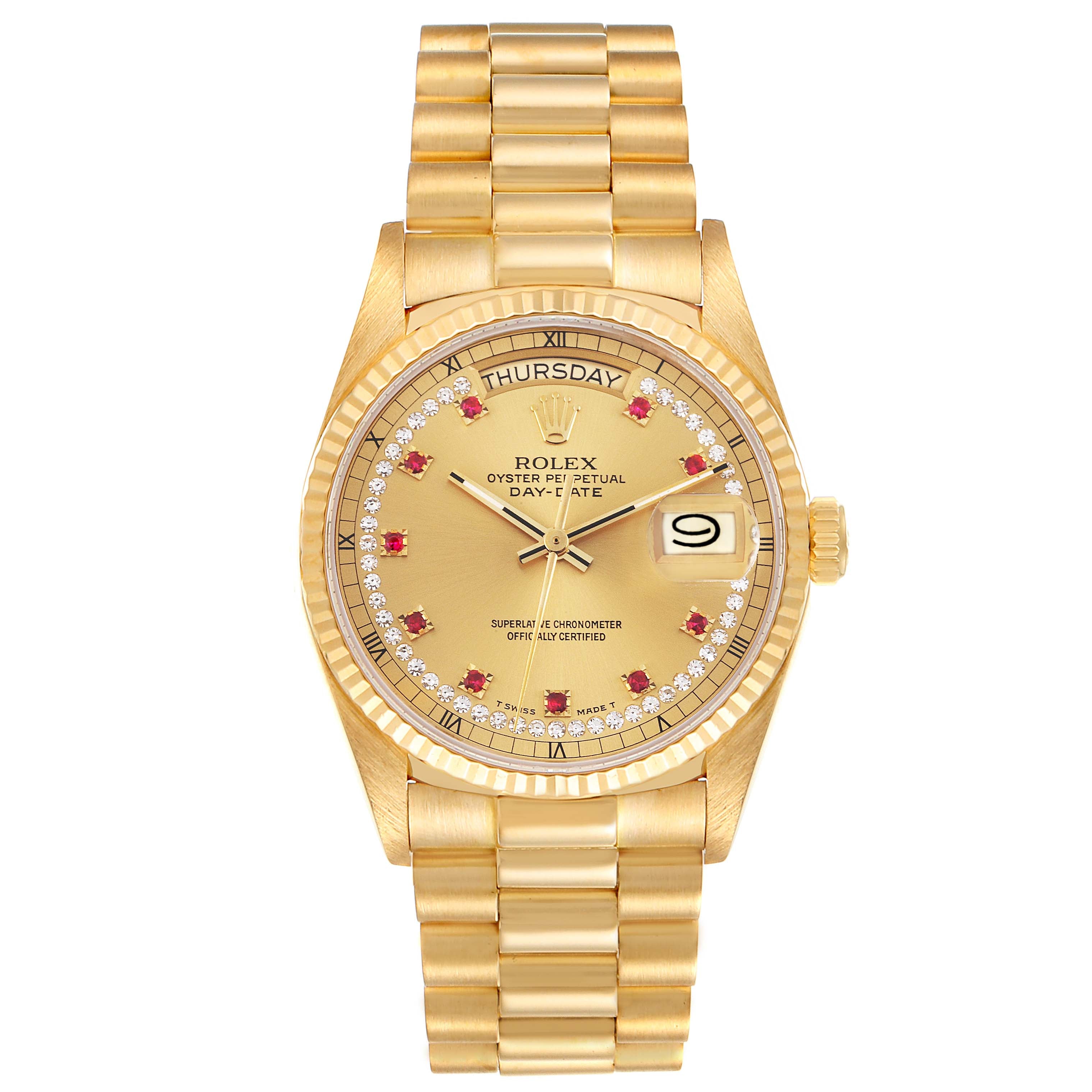 Rolex President Day-Date Yellow Gold Diamond Ruby Dial Watch 18038 Box Papers