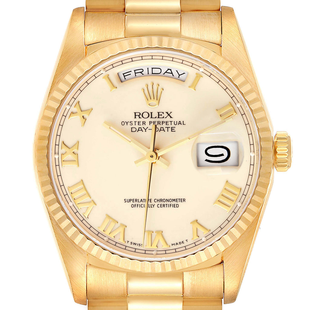 Rolex President Day-Date Yellow Gold Ivory Roman Dial Mens Watch 18238