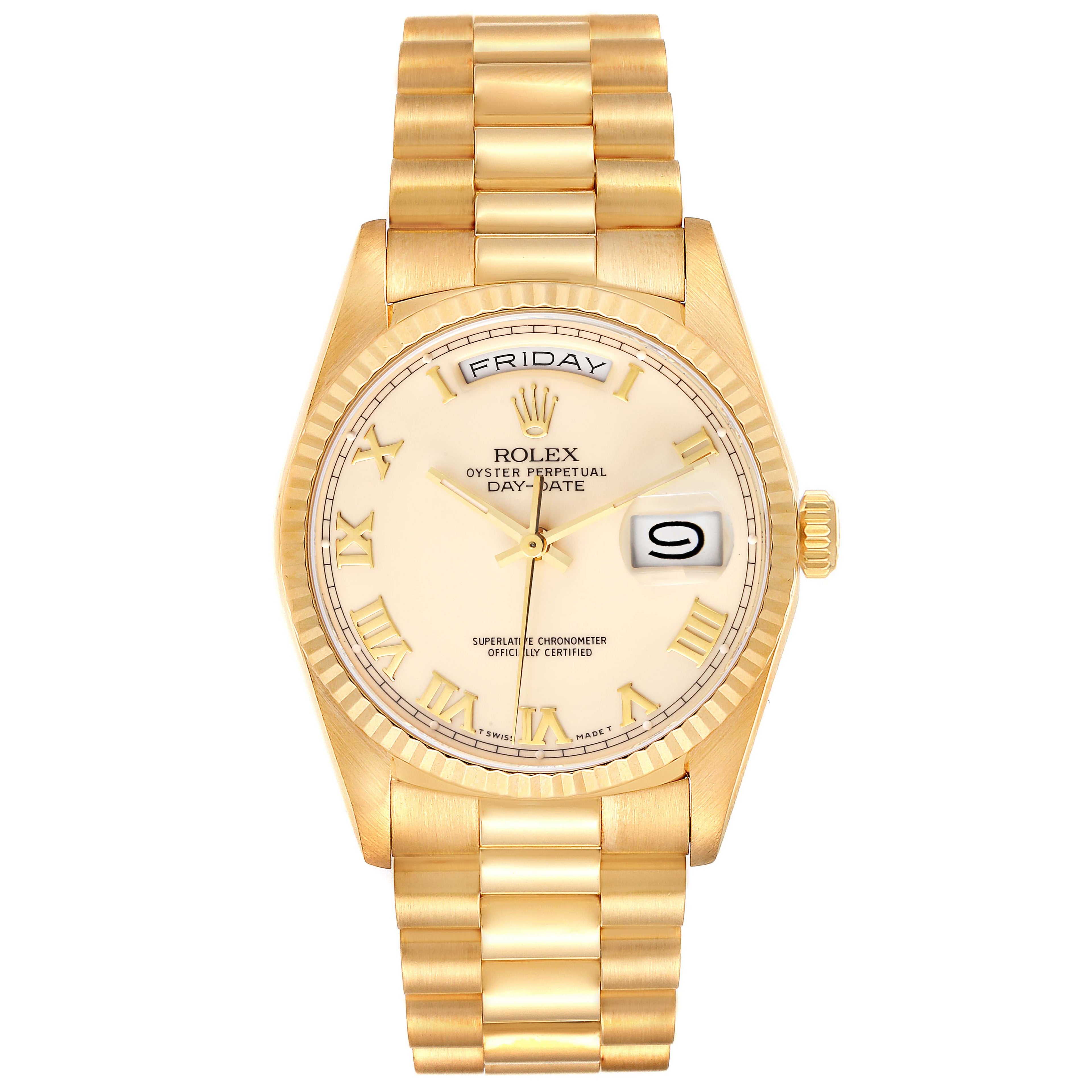 Rolex President Day-Date Yellow Gold Ivory Roman Dial Mens Watch 18238