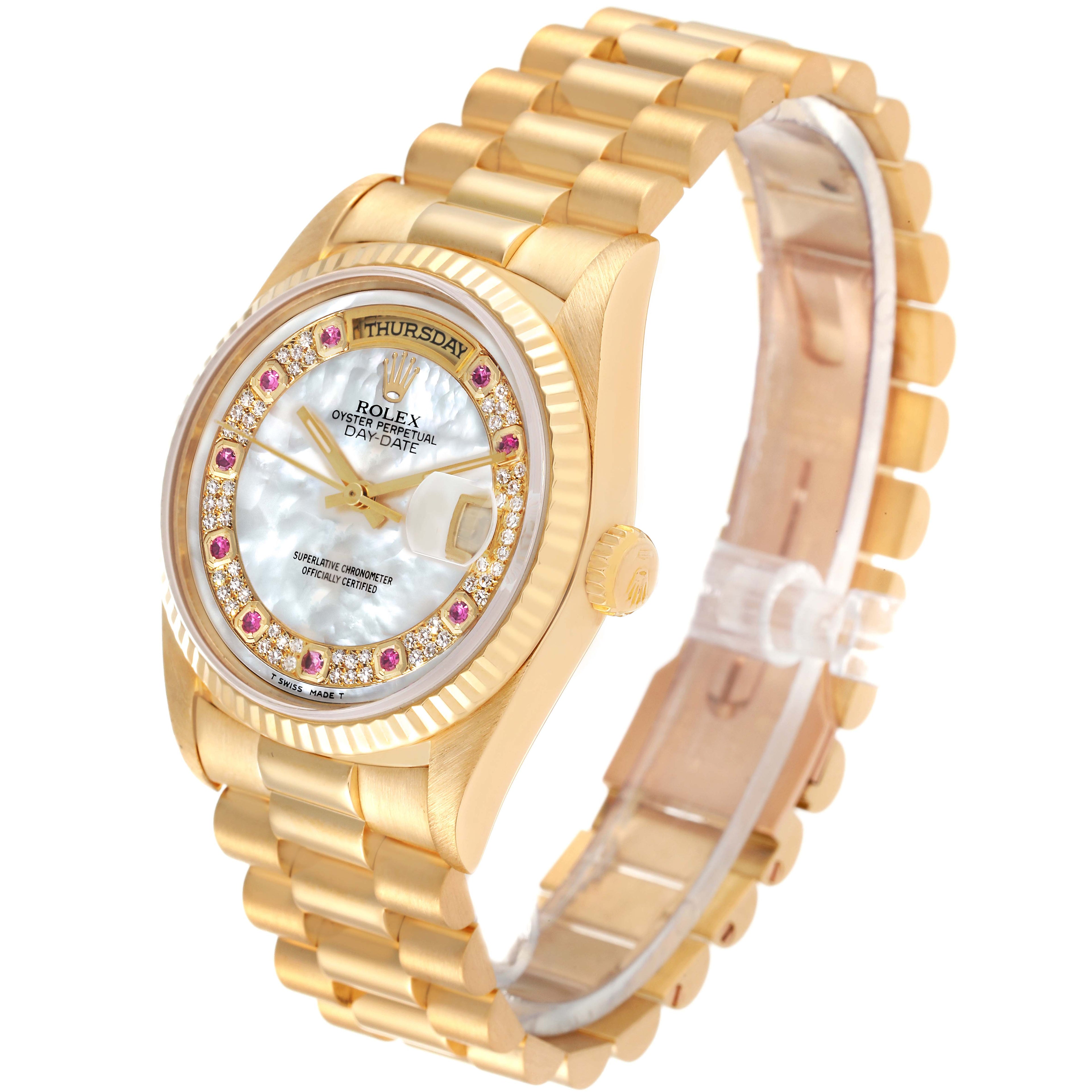 Rolex President Day-Date Yellow Gold Mother of Pearl Diamond Ruby Myriad Dial Watch 18238 Box