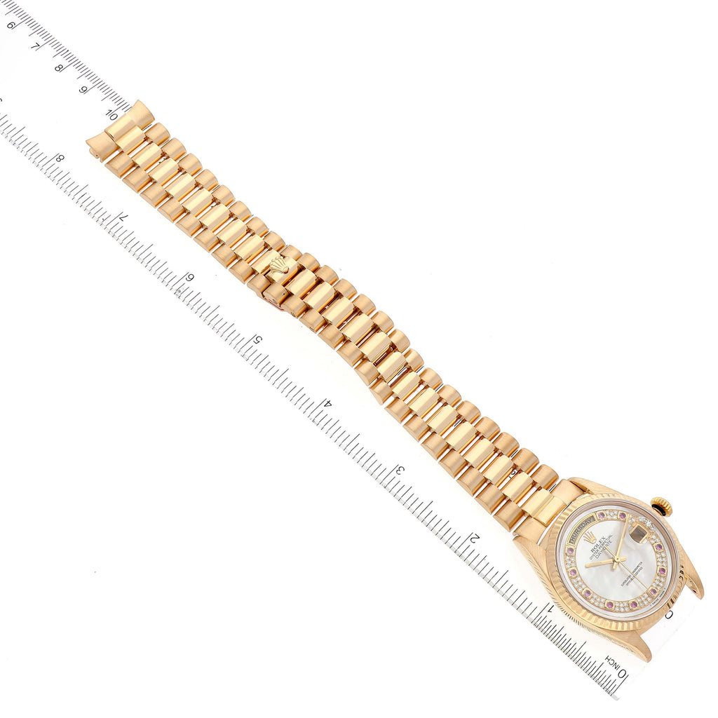 Rolex President Day-Date Yellow Gold Mother of Pearl Diamond Ruby Myriad Dial Watch 18238 Box
