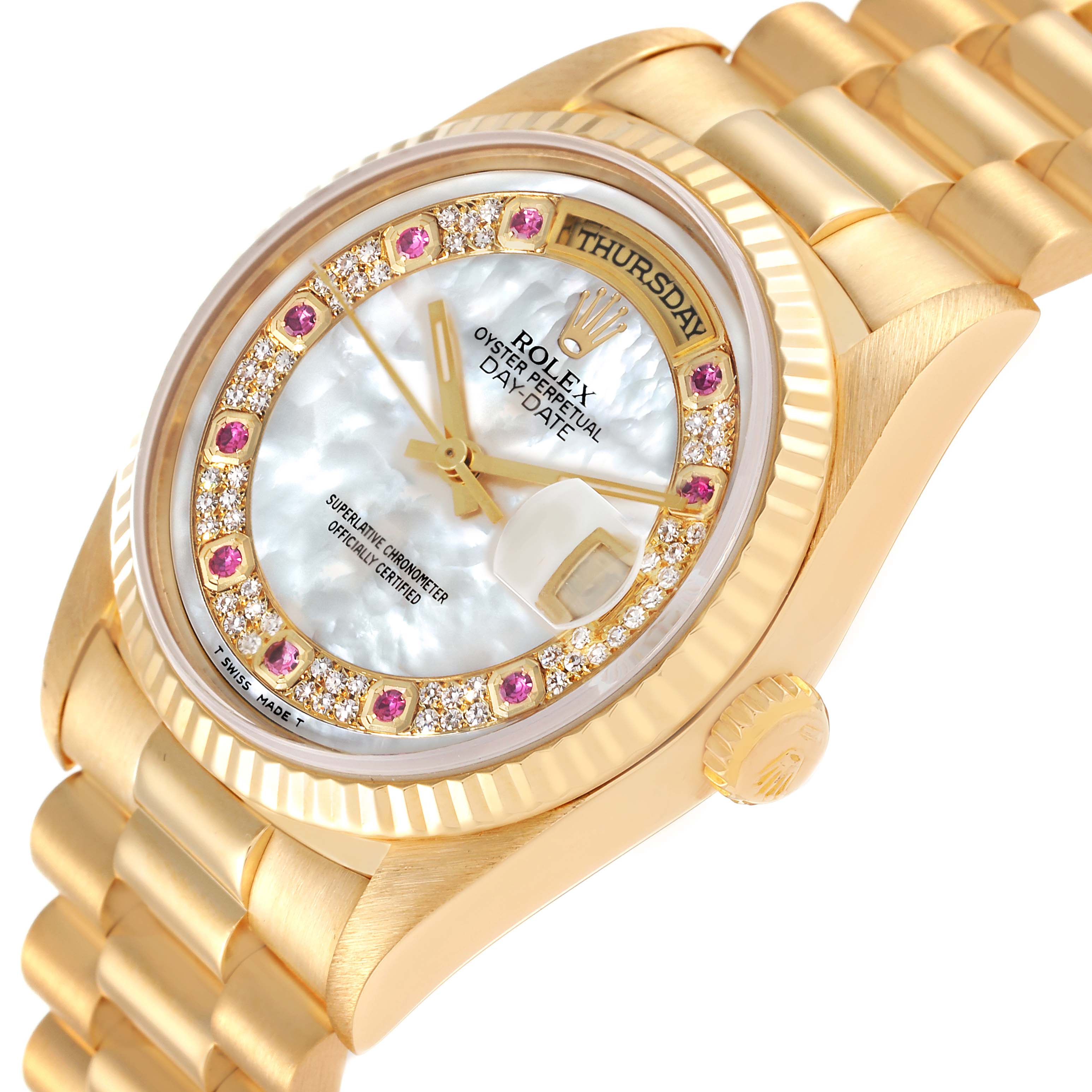 Rolex President Day-Date Yellow Gold Mother of Pearl Diamond Ruby Myriad Dial Watch 18238 Box
