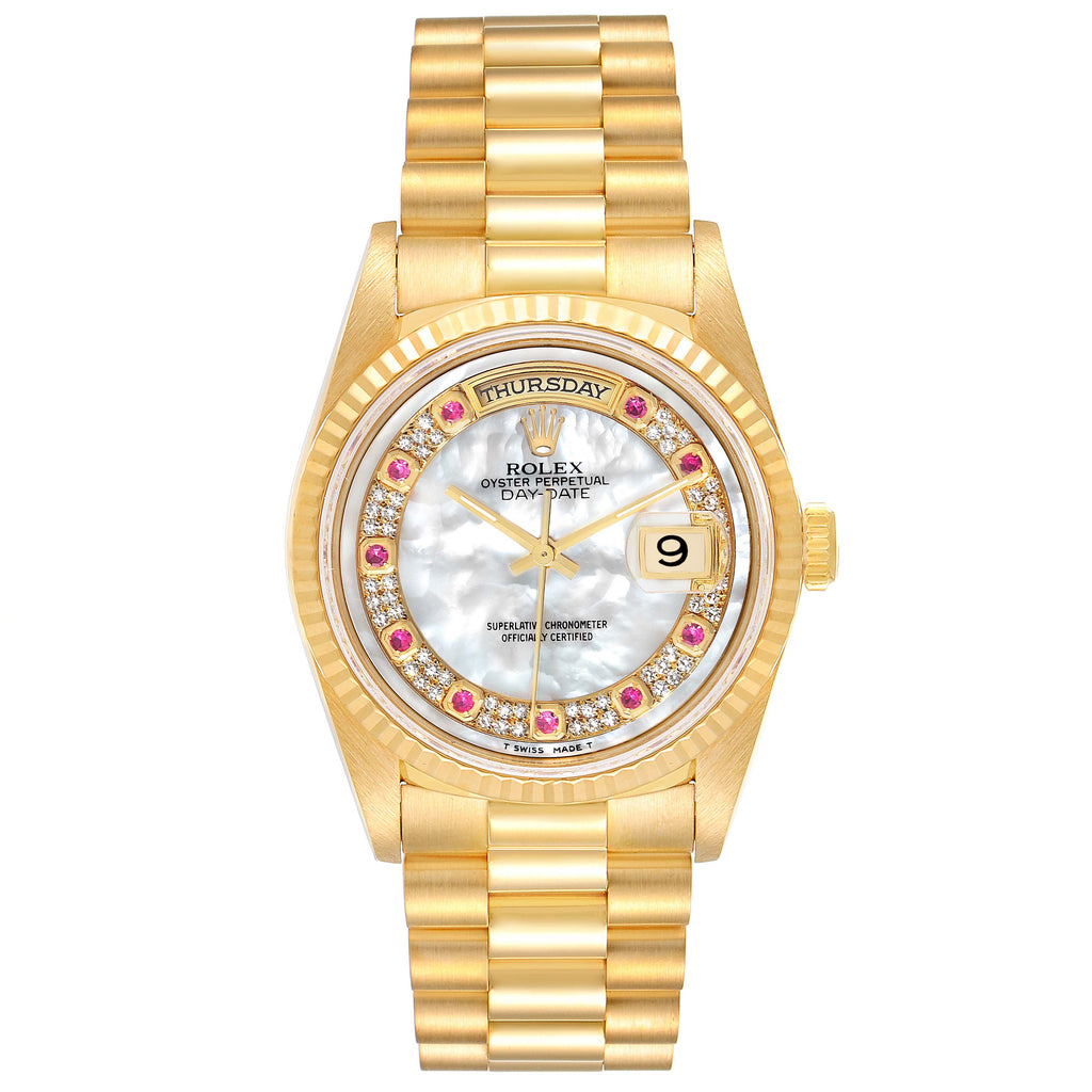 Rolex President Day-Date Yellow Gold Mother of Pearl Diamond Ruby Myriad Dial Watch 18238 Box