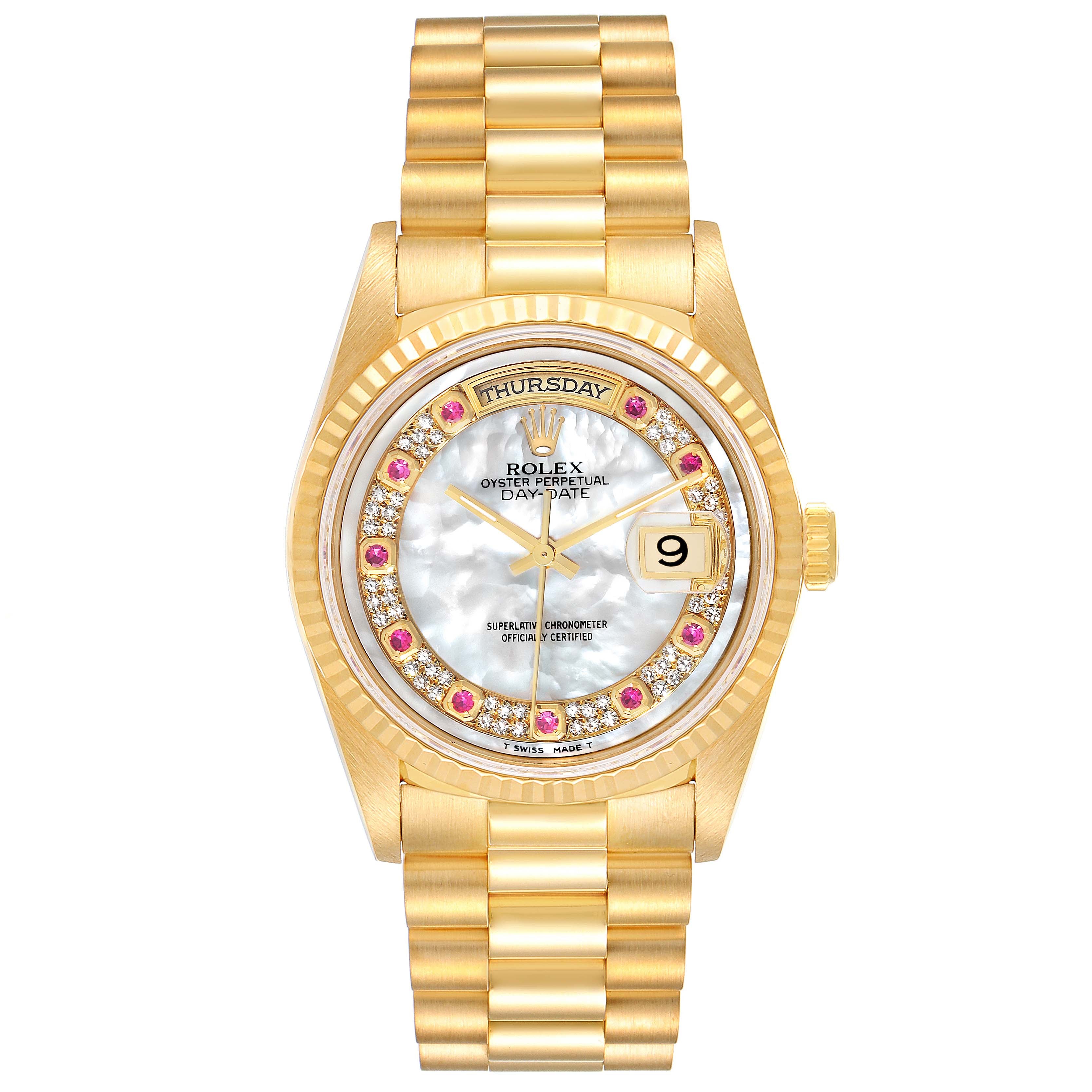 Rolex President Day-Date Yellow Gold Mother of Pearl Diamond Ruby Myriad Dial Watch 18238 Box