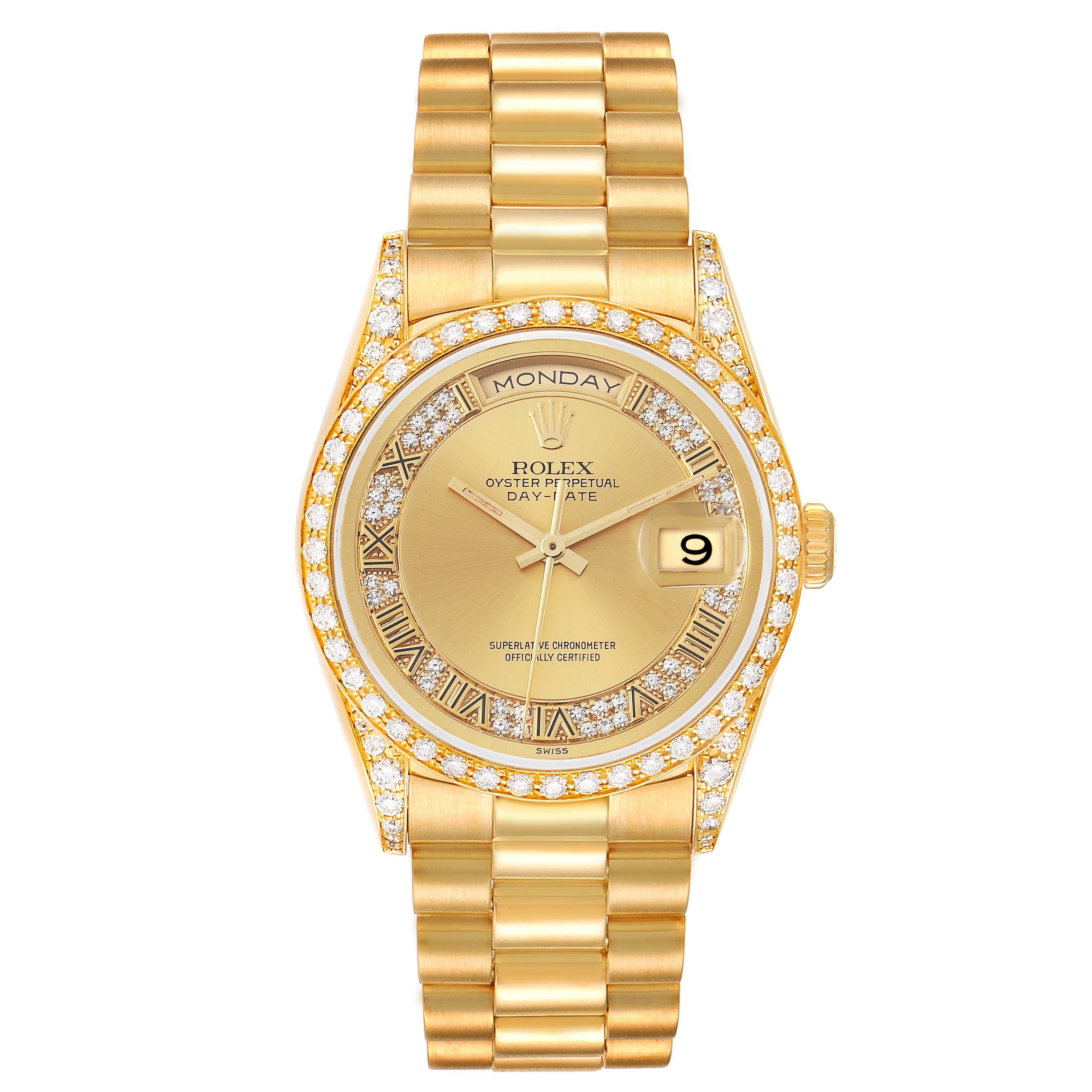 Rolex President Day-Date Yellow Gold Myriad Dial Diamond Lugs Mens Watch 18388