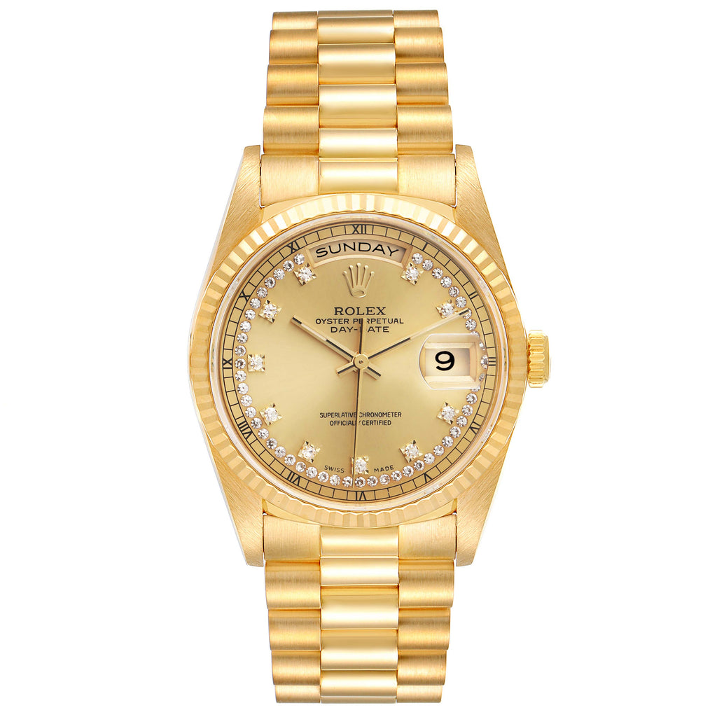 Rolex President Day-Date Yellow Gold String Diamond Dial Mens Watch 18238