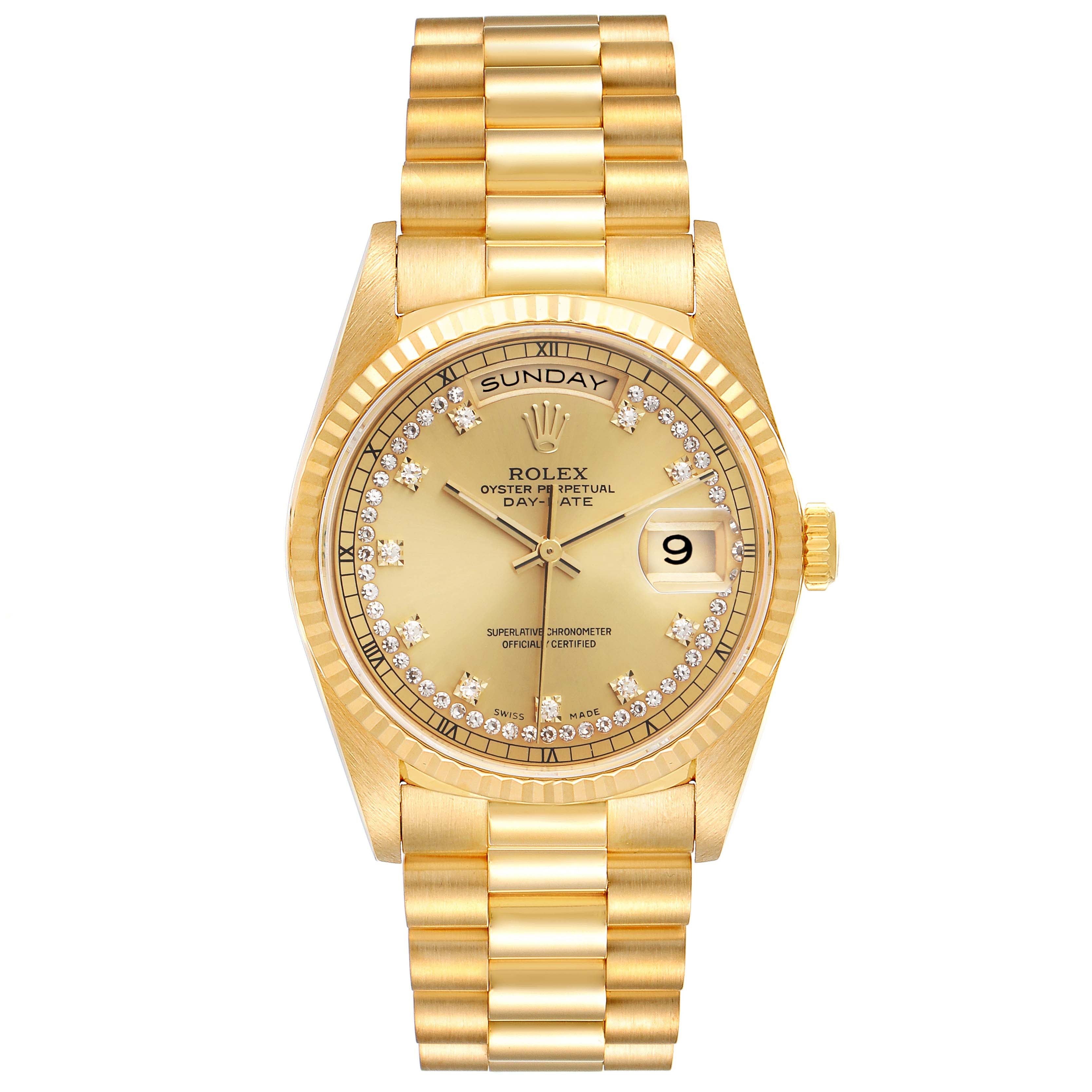 Rolex President Day-Date Yellow Gold String Diamond Dial Mens Watch 18238
