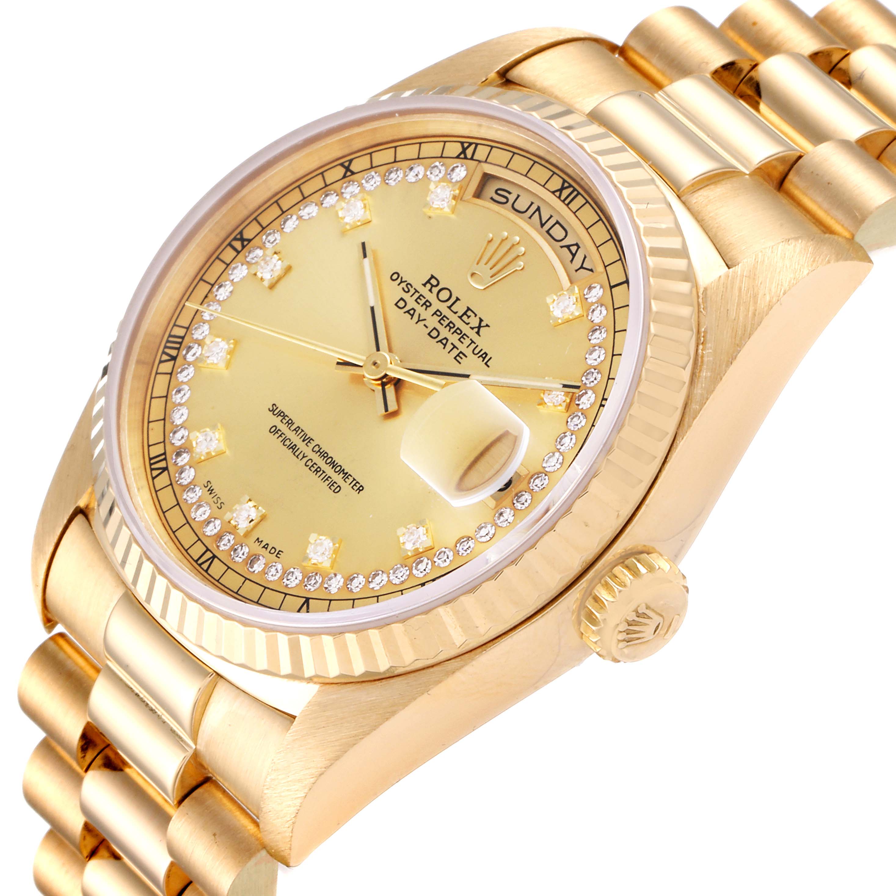 Rolex President Day-Date Yellow Gold String Diamond Dial Mens Watch 18238