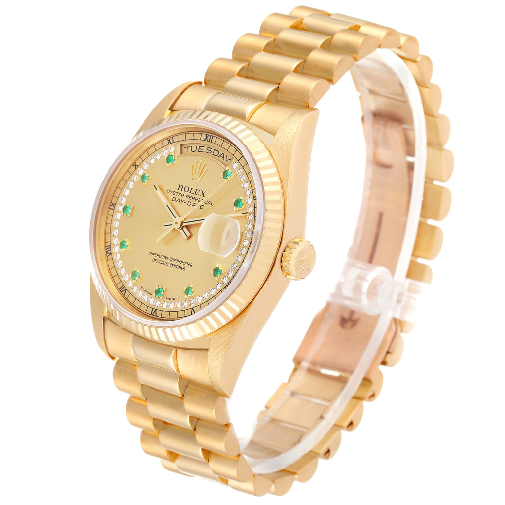 Rolex President Day-Date Yellow Gold String Diamond Emerald Dial Watch 18238