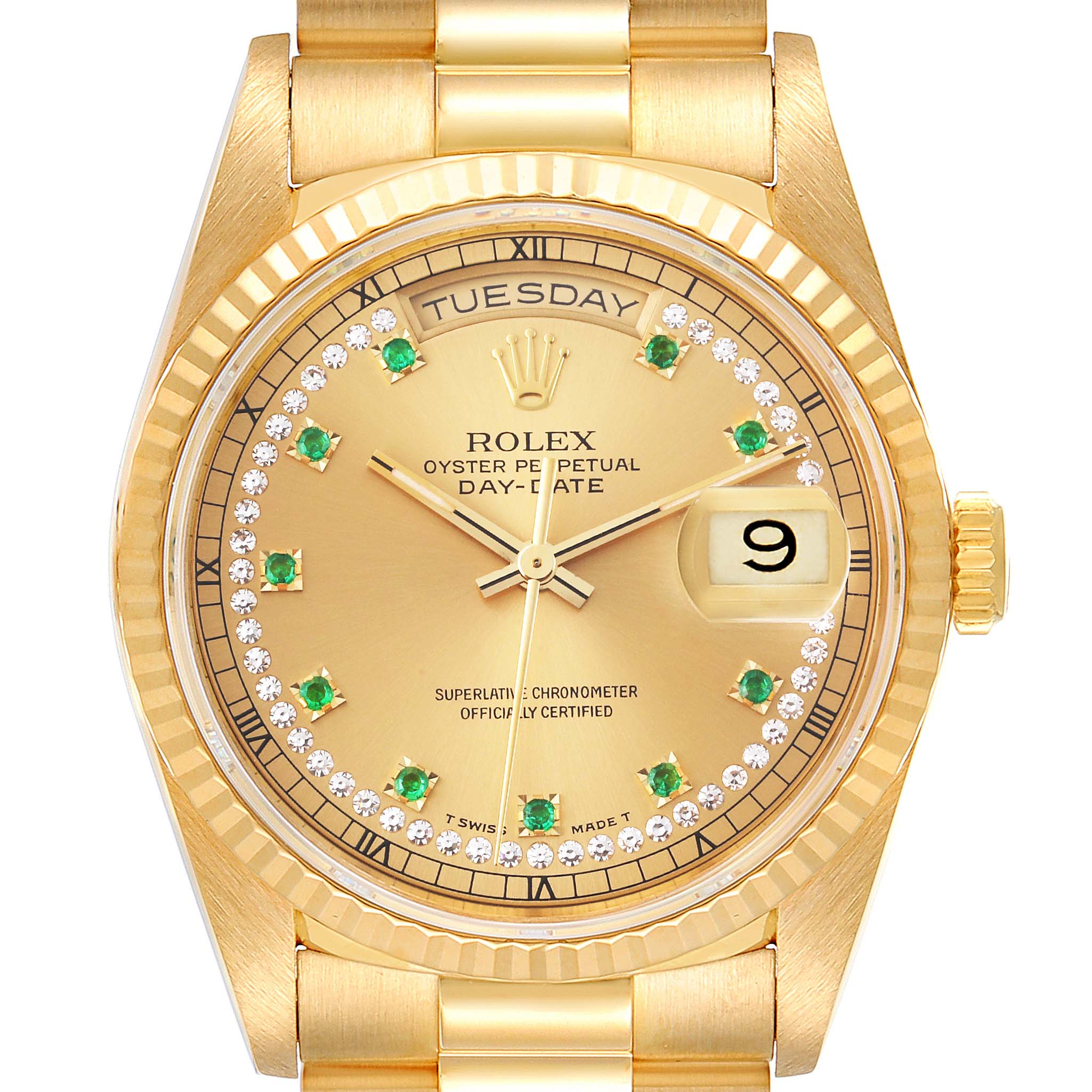 Rolex President Day-Date Yellow Gold String Diamond Emerald Dial Watch 18238