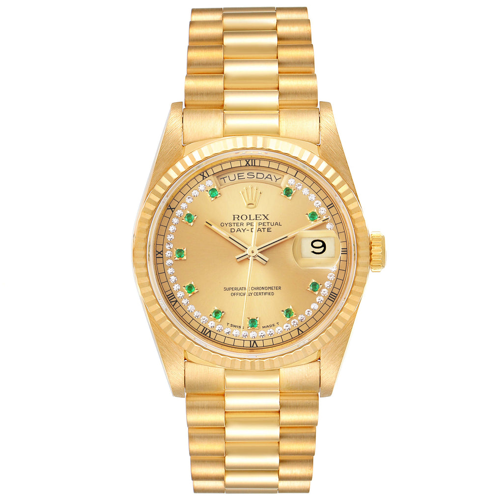 Rolex President Day-Date Yellow Gold String Diamond Emerald Dial Watch 18238