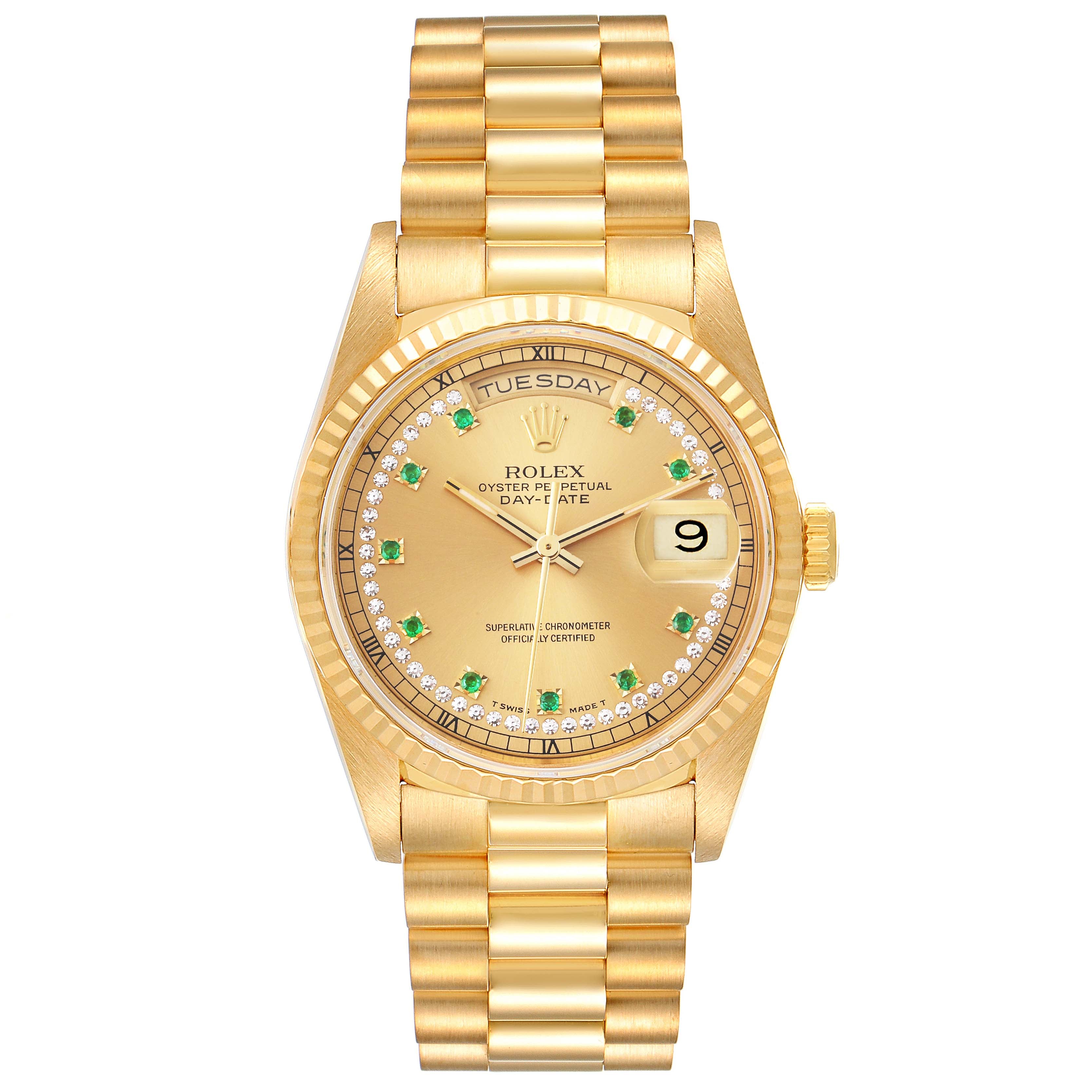 Rolex President Day-Date Yellow Gold String Diamond Emerald Dial Watch 18238