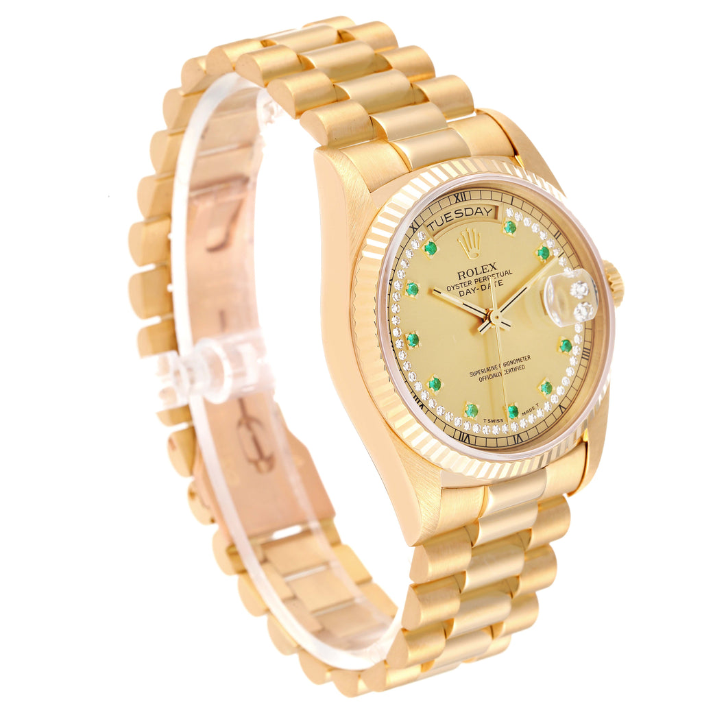 Rolex President Day-Date Yellow Gold String Diamond Emerald Dial Watch 18238