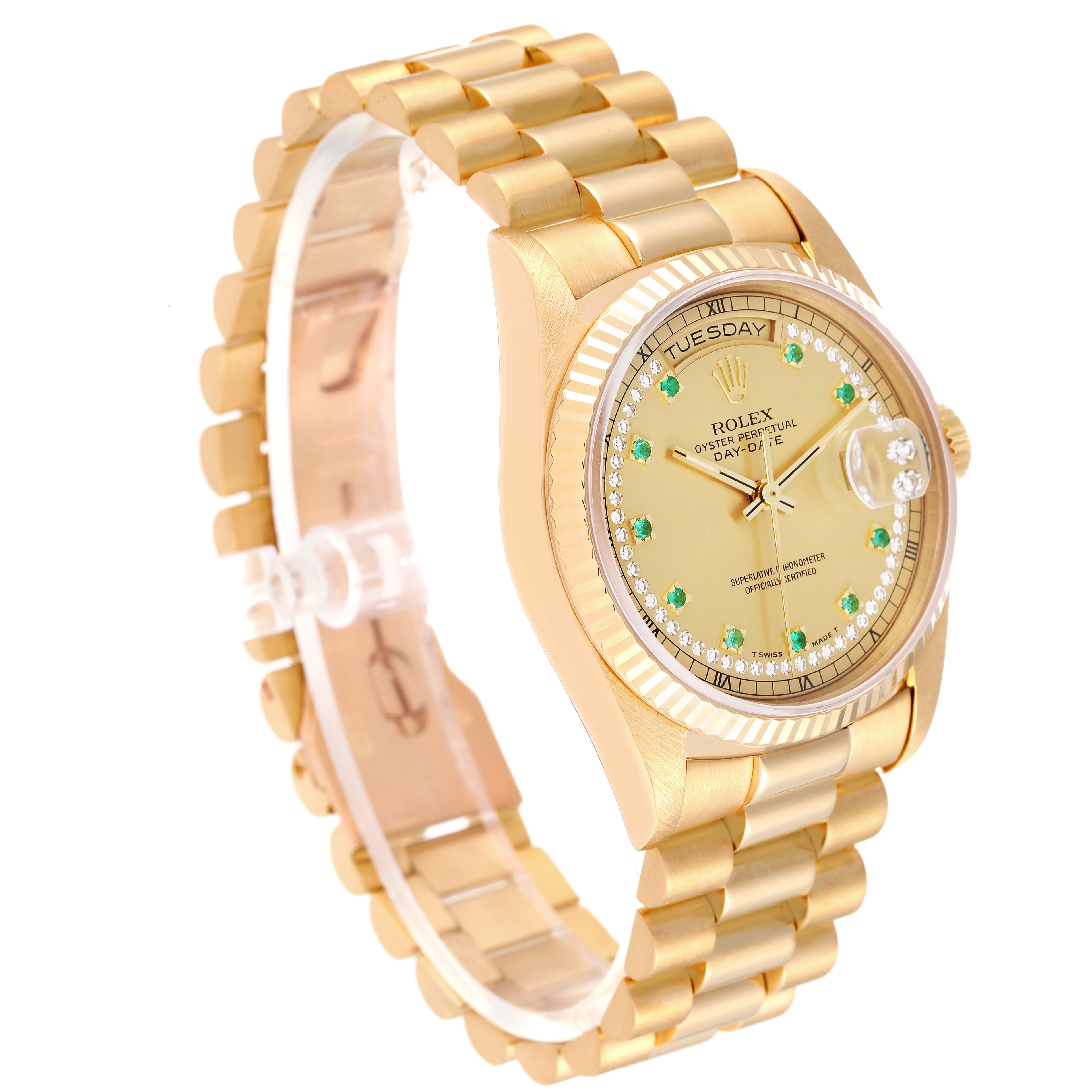 Rolex President Day-Date Yellow Gold String Diamond Emerald Dial Watch 18238