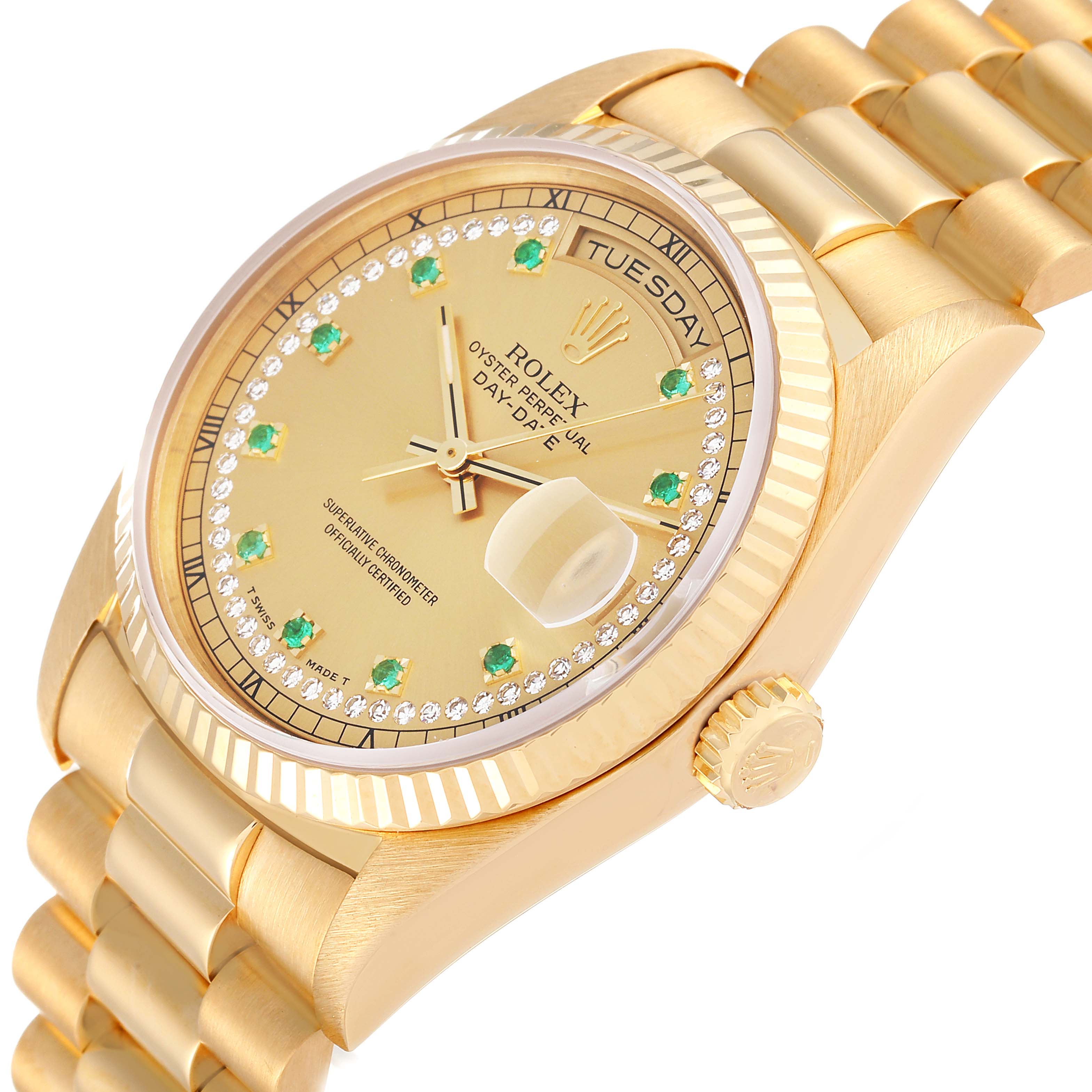 Rolex President Day-Date Yellow Gold String Diamond Emerald Dial Watch 18238