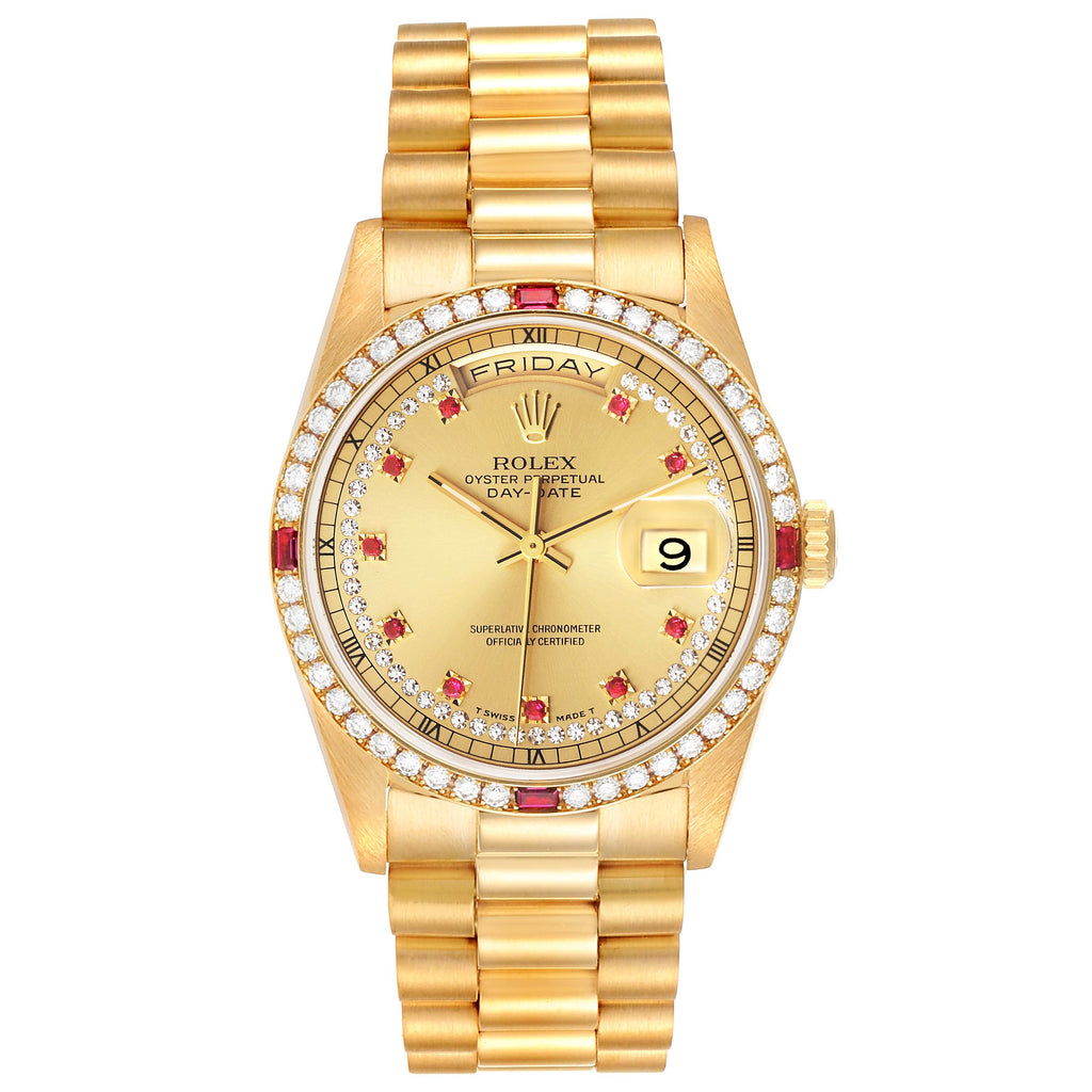 Rolex President Day-Date Yellow Gold String Diamond Ruby Dial Watch 18378