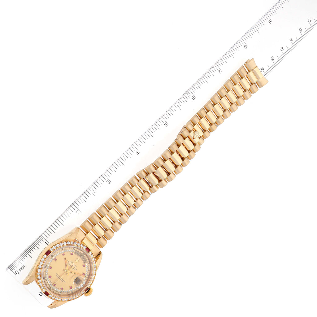 Rolex President Day-Date Yellow Gold String Diamond Ruby Dial Watch 18378