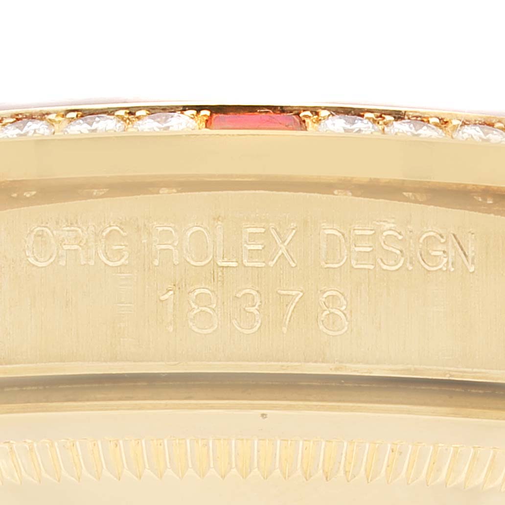 Rolex President Day-Date Yellow Gold String Diamond Ruby Dial Watch 18378