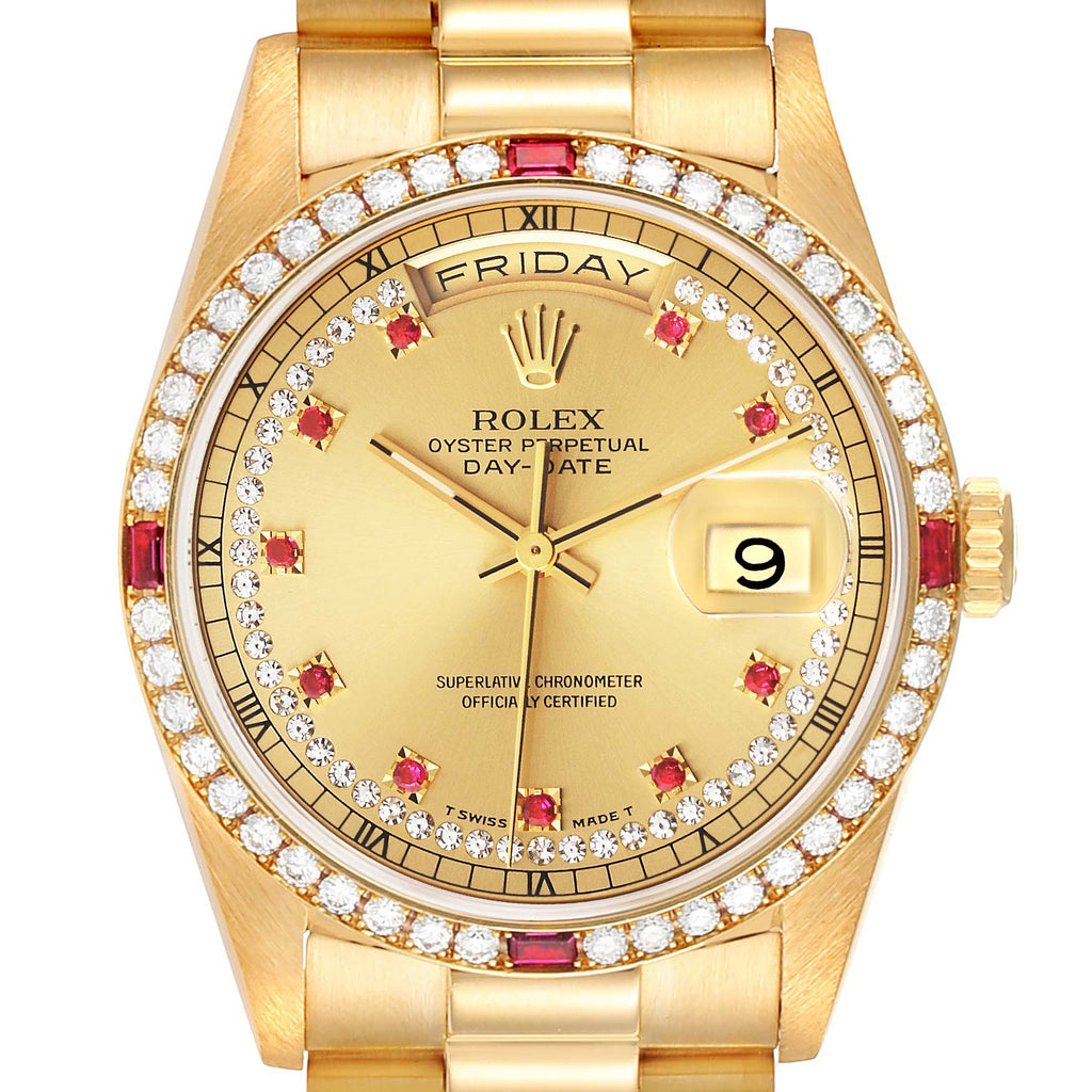 Rolex President Day-Date Yellow Gold String Diamond Ruby Dial Watch 18378
