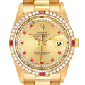 Rolex President Day-Date Yellow Gold String Diamond Ruby Dial Watch 18378