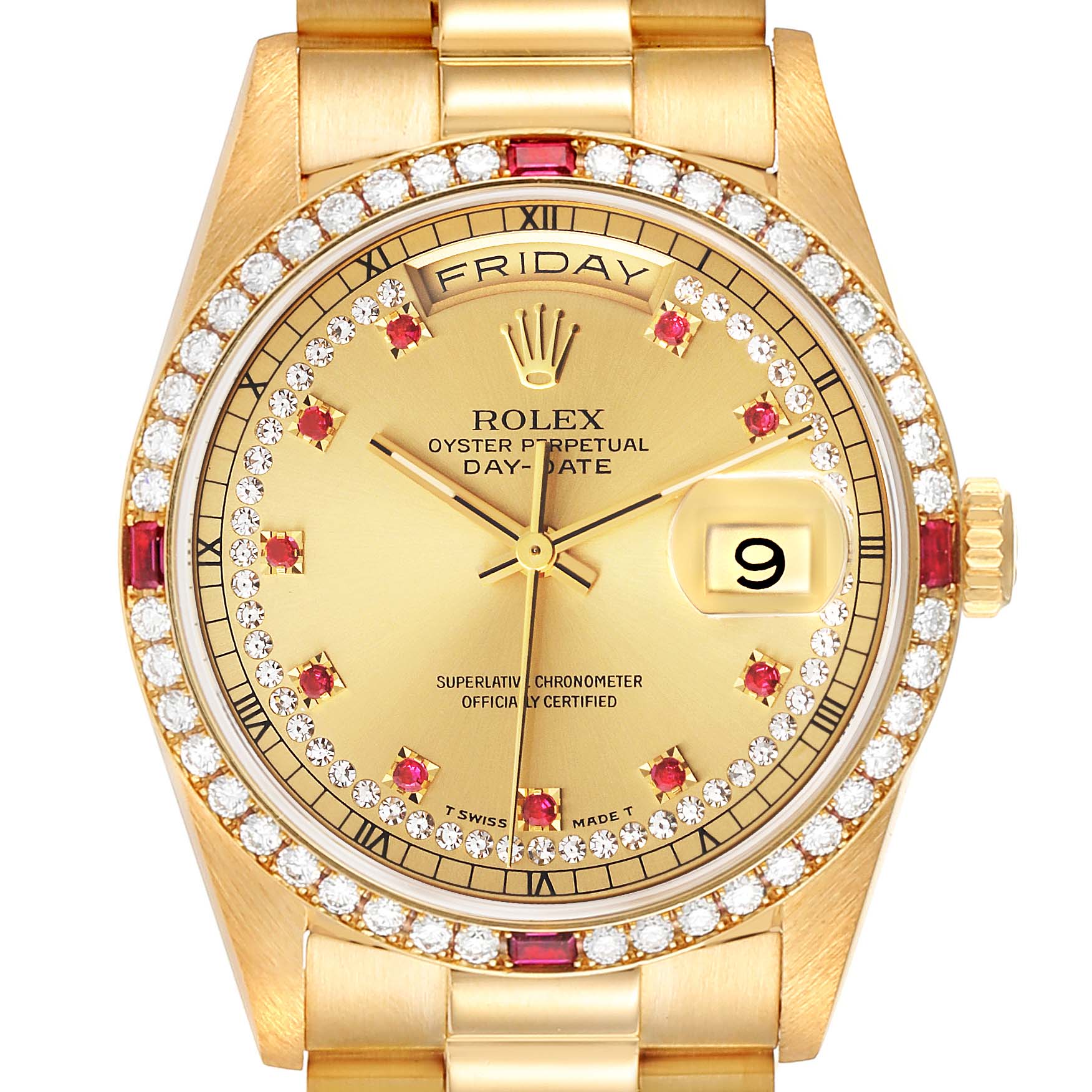 Rolex President Day-Date Yellow Gold String Diamond Ruby Dial Watch 18378