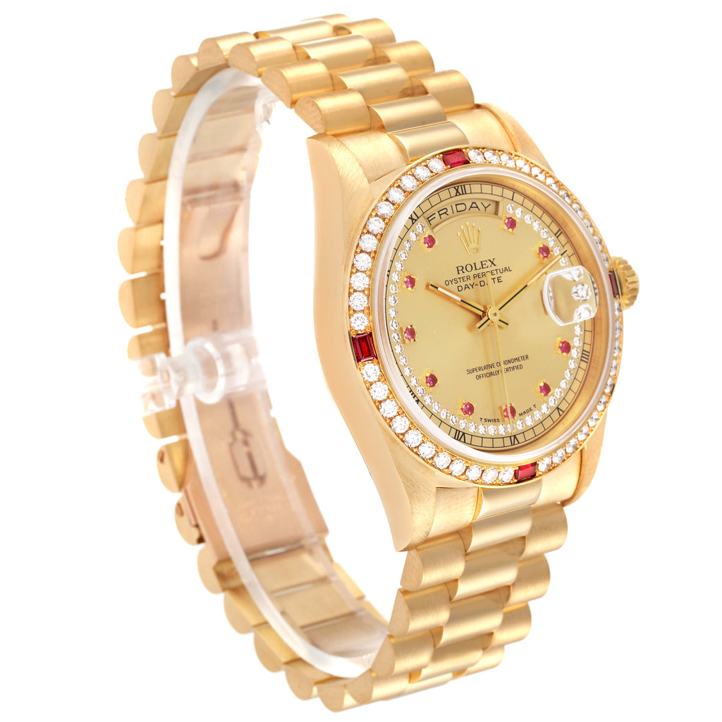 Rolex President Day-Date Yellow Gold String Diamond Ruby Dial Watch 18378