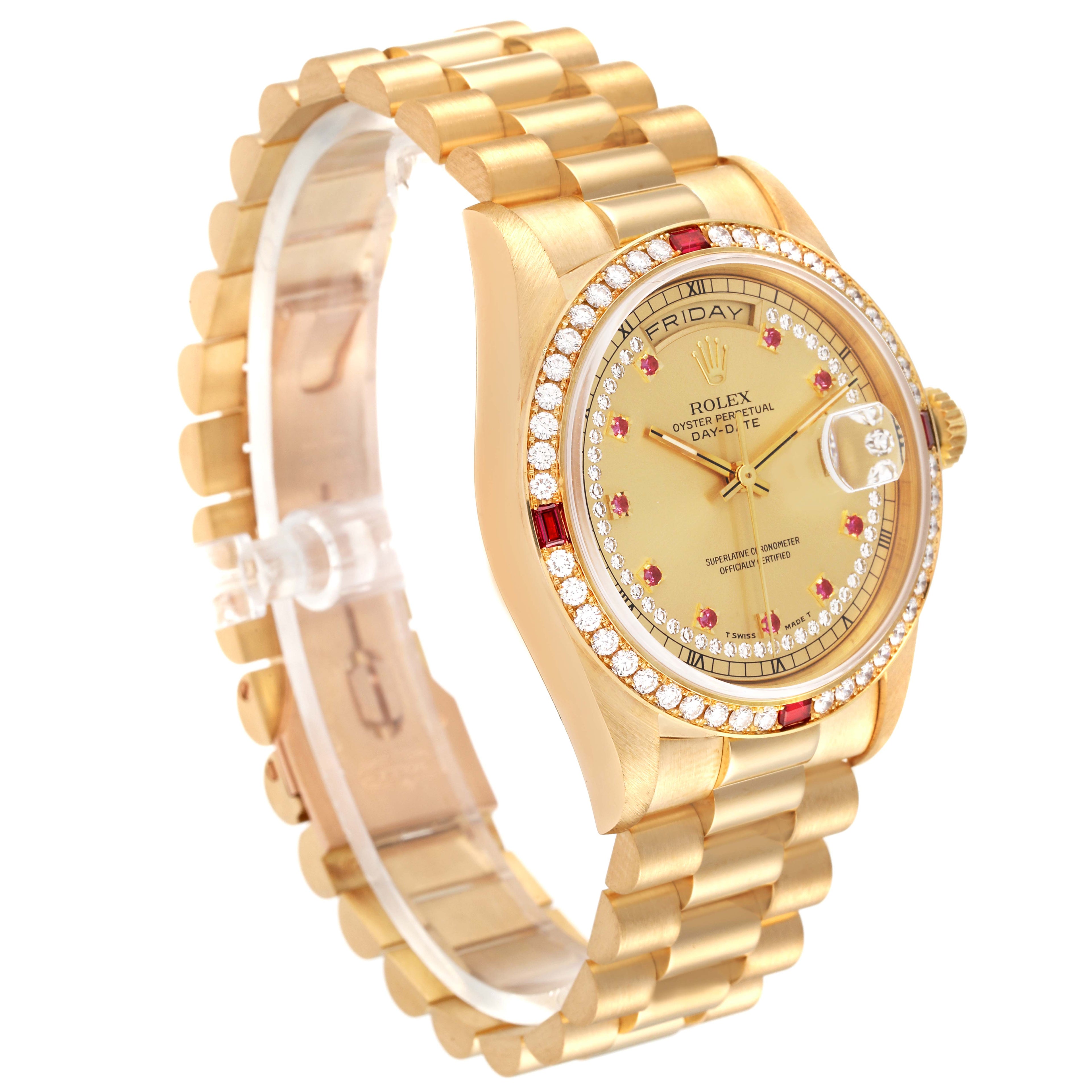 Rolex President Day-Date Yellow Gold String Diamond Ruby Dial Watch 18378