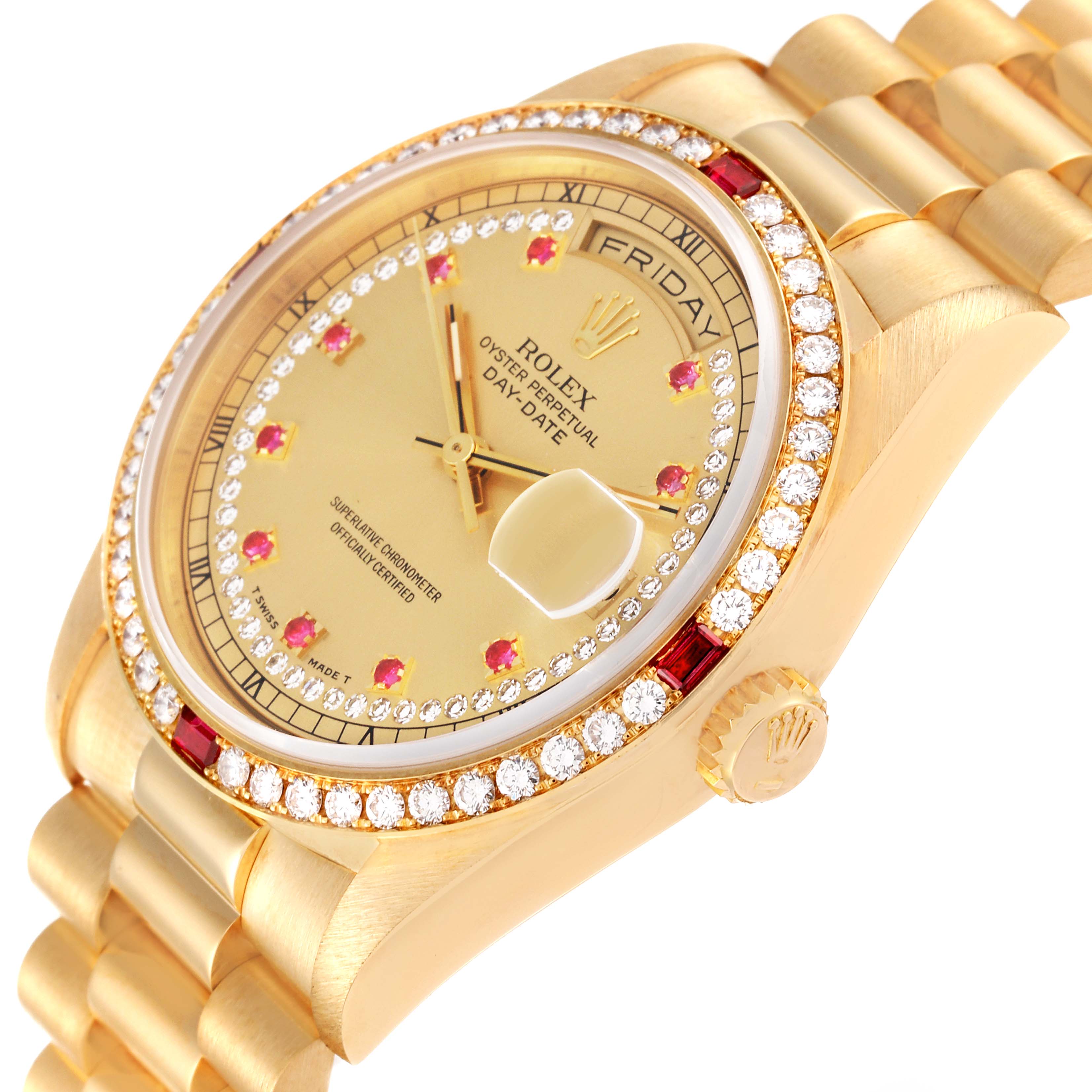 Rolex President Day-Date Yellow Gold String Diamond Ruby Dial Watch 18378
