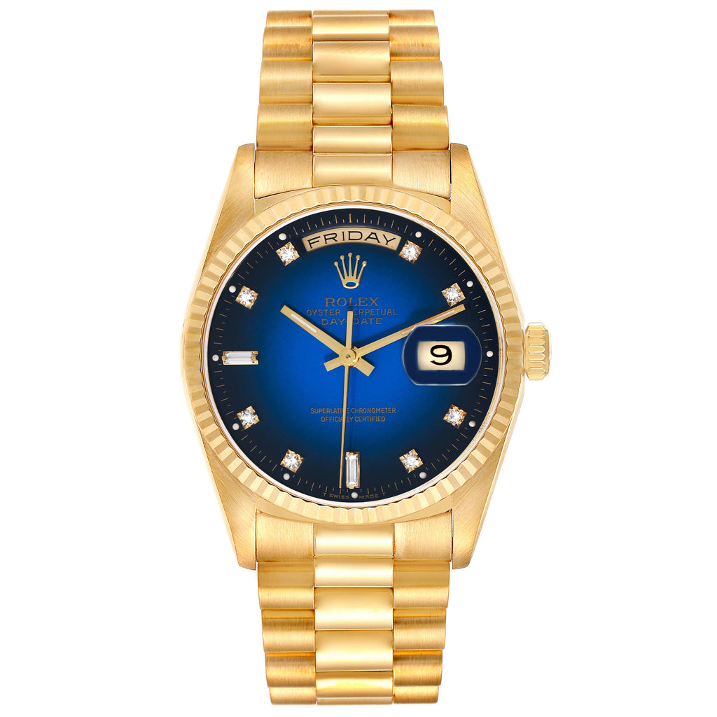 Rolex President Day Date Yellow Gold Vignette Diamond Mens Watch 18238 Box Papers