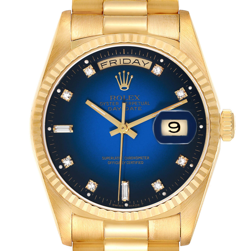 Rolex President Day Date Yellow Gold Vignette Diamond Mens Watch 18238 Box Papers